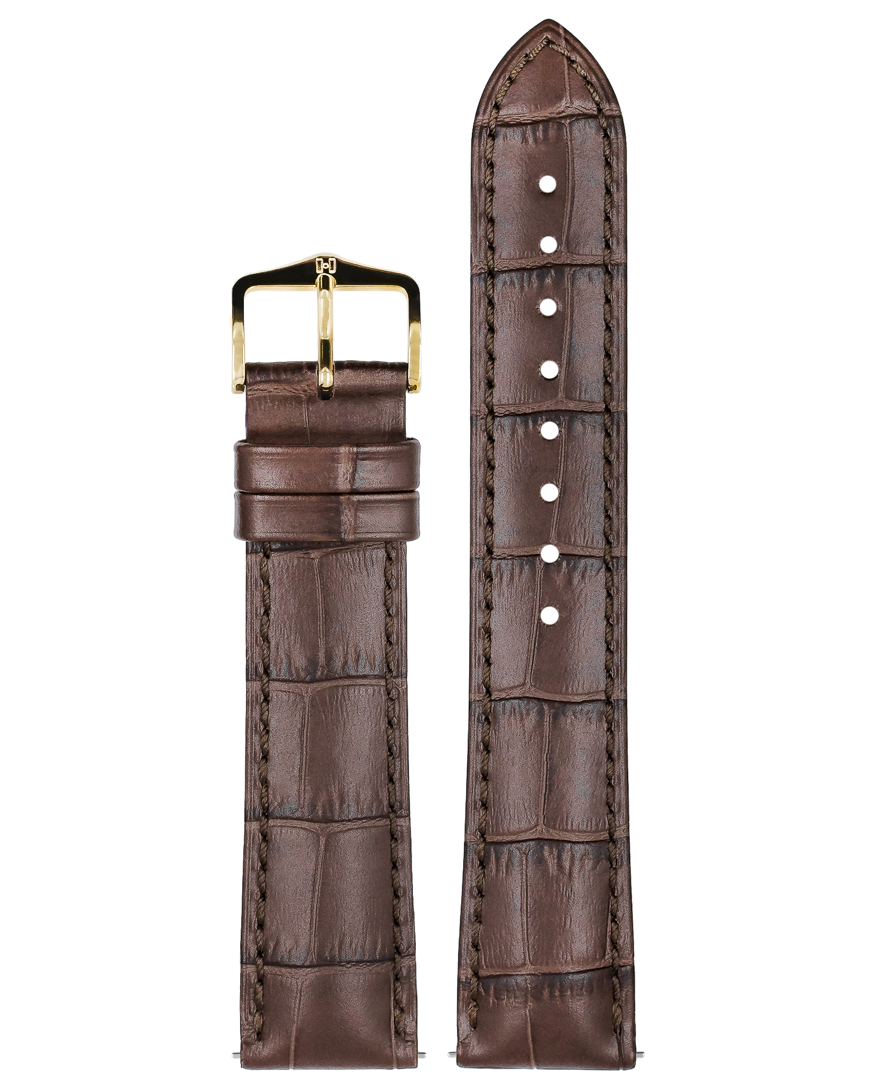 Braunes, geprägtes Alligatorleder-Uhrenarmband mit goldener Schnalle, auf weißem Hintergrund.