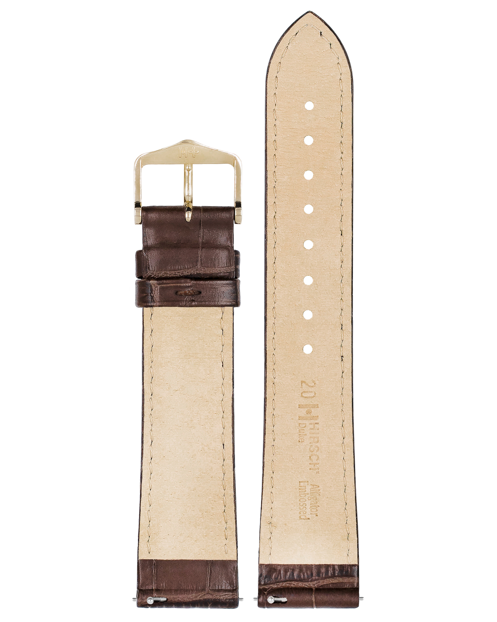 Braunes, geprägtes Alligatorleder-Uhrenarmband mit goldener Schnalle, auf weißem Hintergrund.