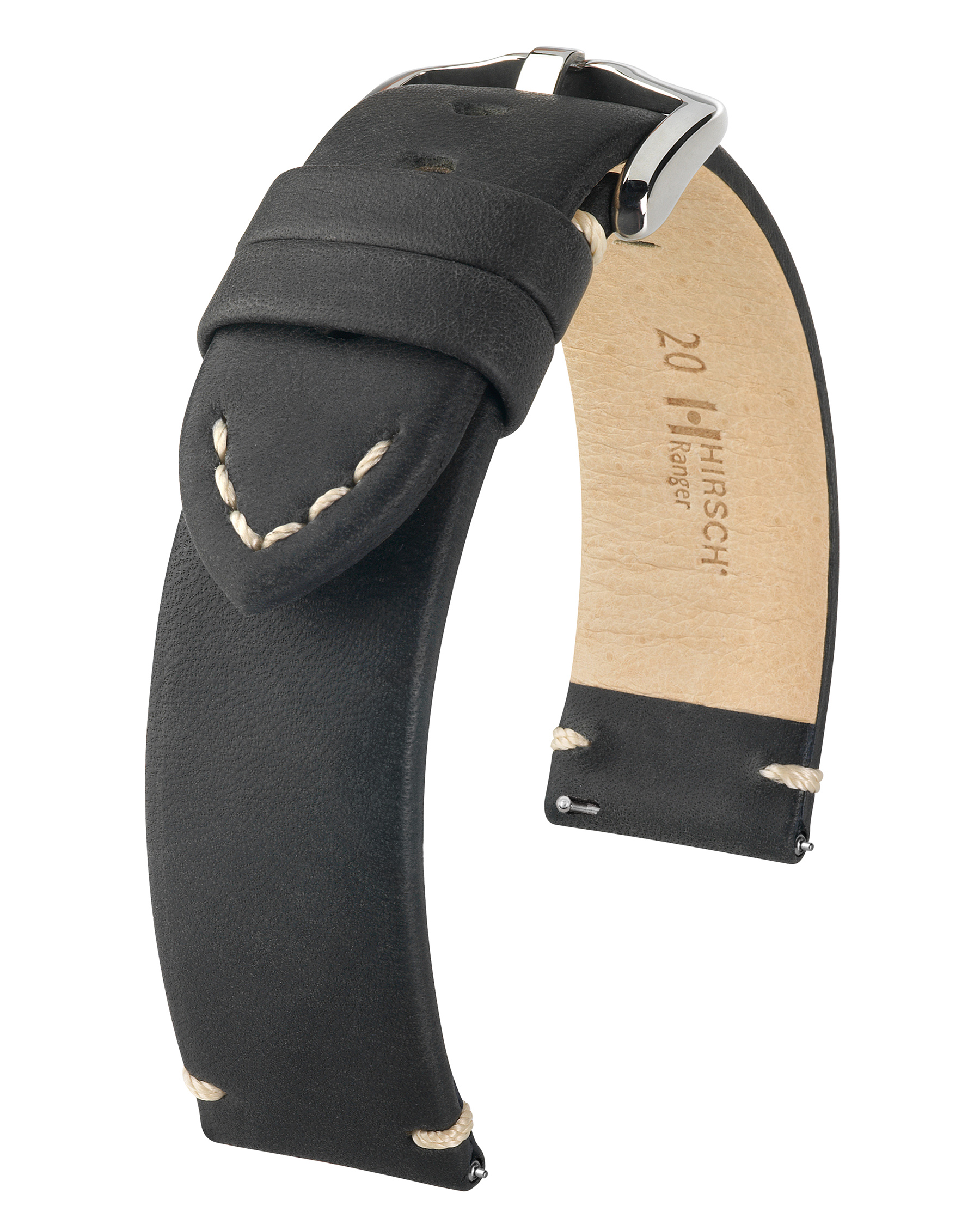 Schwarzes Leder-Uhrenarmband mit weißen Nähten und silberner Schnalle.