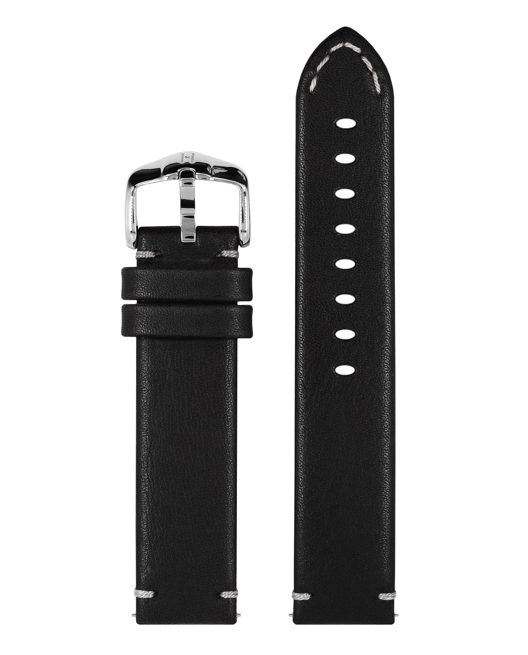 Schwarzes Leder-Uhrenarmband mit weißen Nähten und silberner Schnalle, auf Weiß.