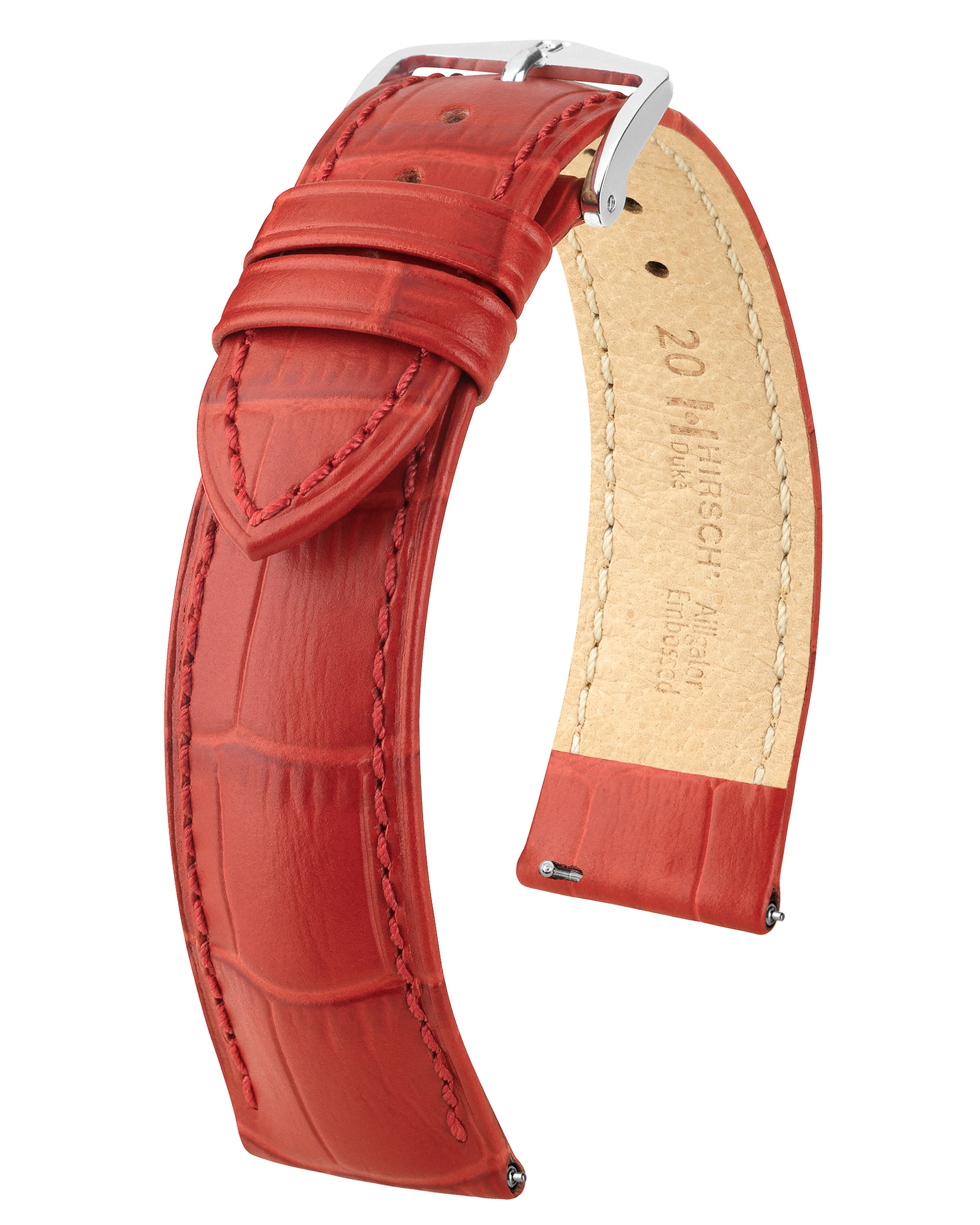 Rotes, geprägtes Alligatorleder-Uhrenarmband mit silberner Schnalle.