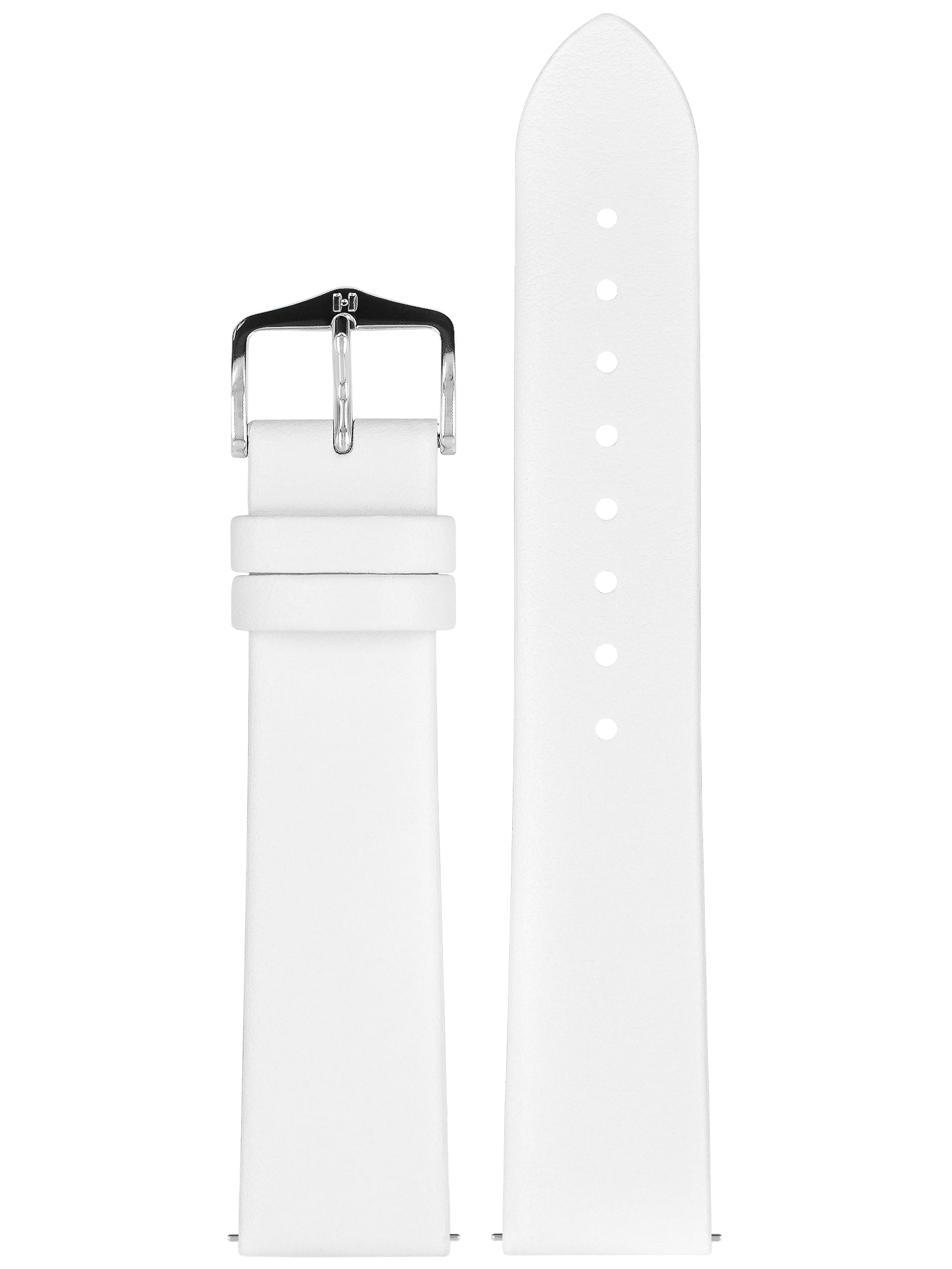 Weißes Leder-Uhrenarmband mit silberner Schnalle. Hellbraune Unterseite. Das Band ist gerade.