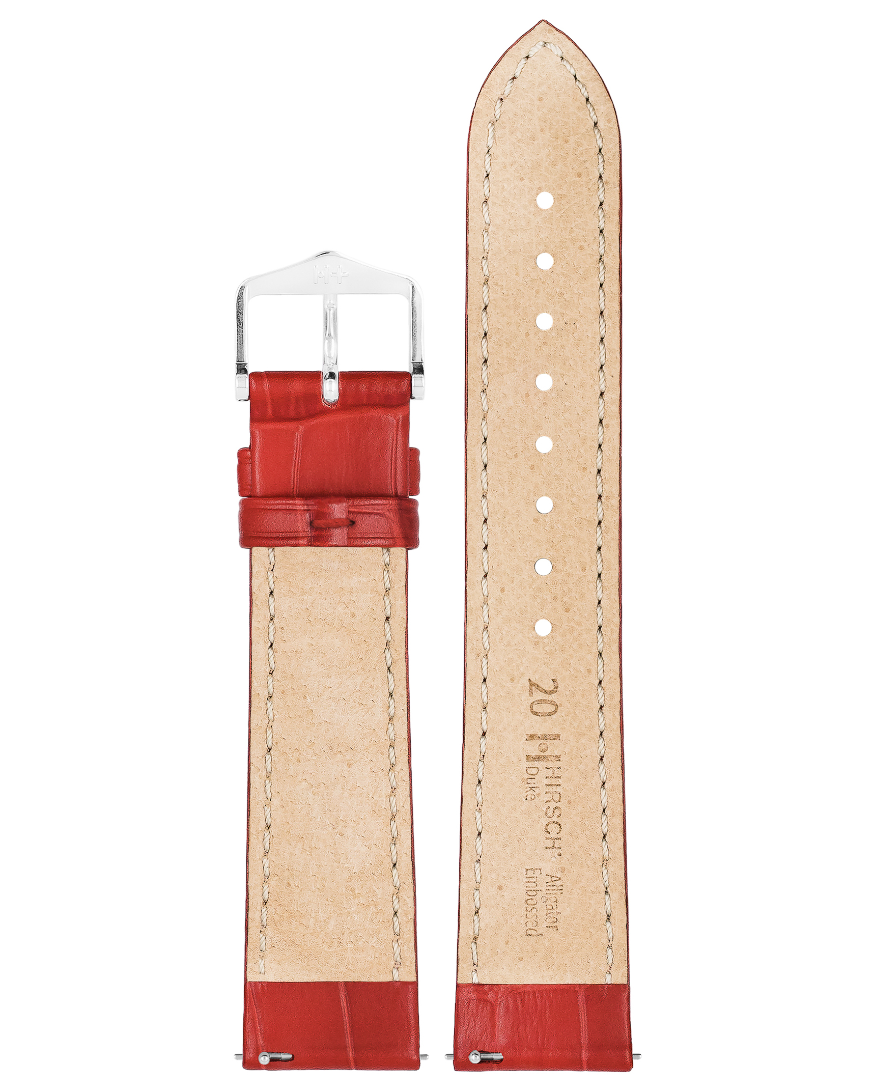 Rotes Uhrenarmband mit Krokodilmuster und silberner Schnalle. Hellbraune Unterseite. Rote Nähte.