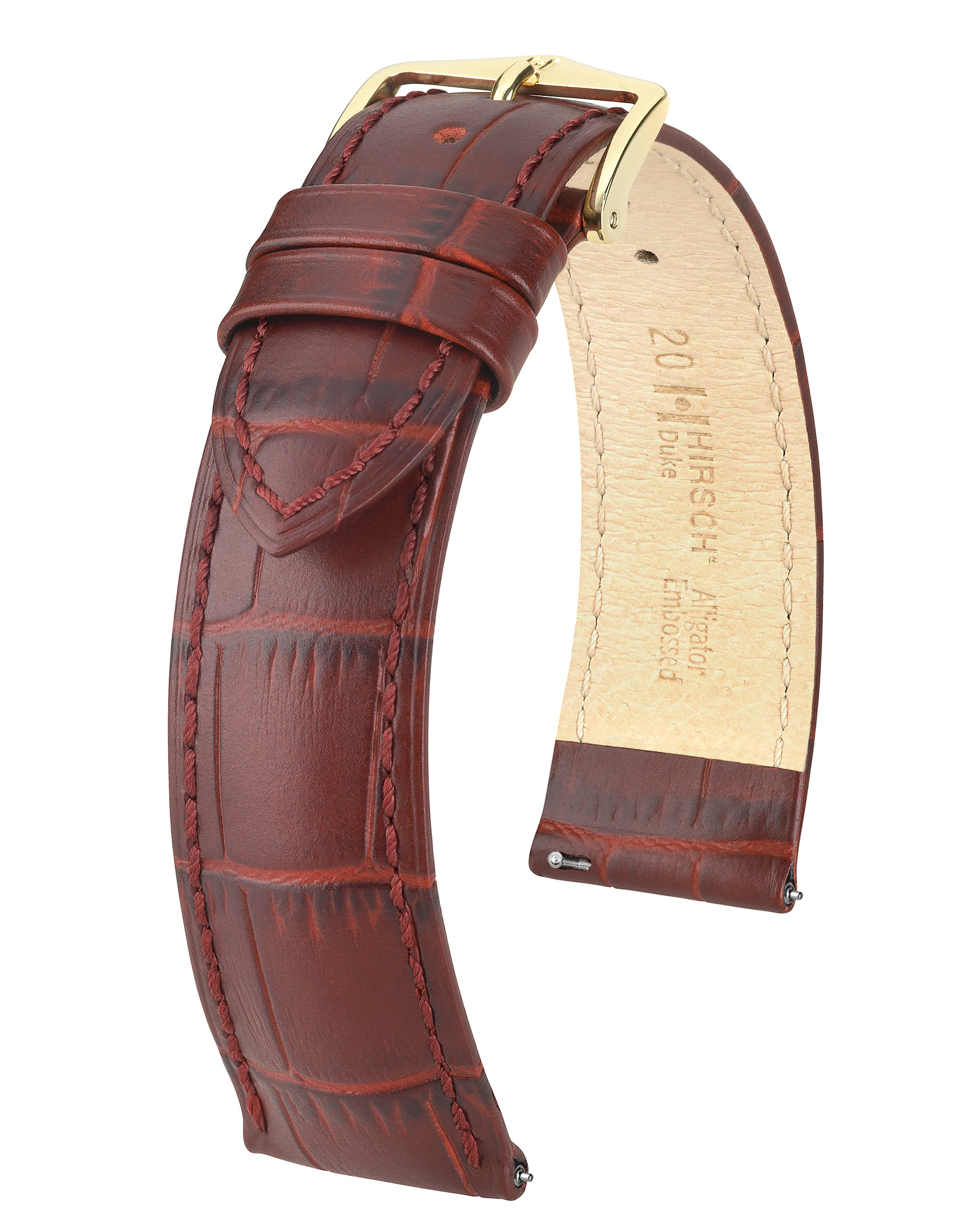 Braunes Uhrenarmband mit Krokodilmuster und goldener Schnalle. Hellbraune Unterseite. Braune Nähte.