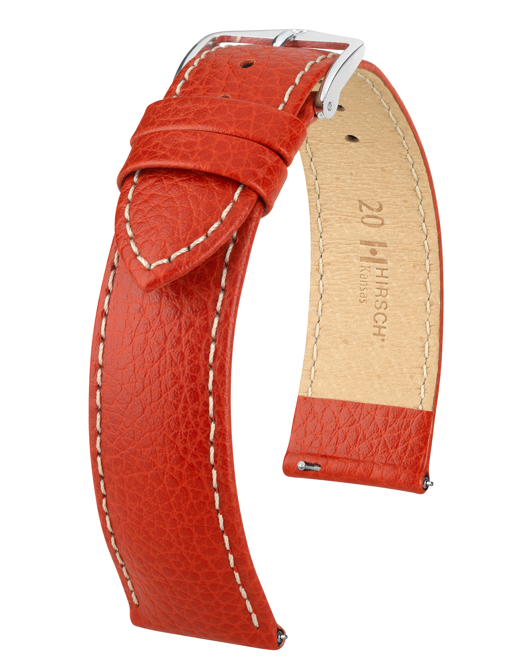 Rotes Leder-Uhrenarmband mit silberner Schnalle. Hellbraune Unterseite. Weiße Nähte. Strukturiert.