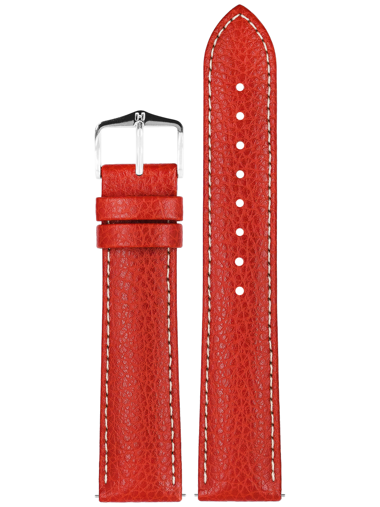 Rotes Leder-Uhrenarmband mit silberner Schnalle. Hellbraune Unterseite. Weiße Nähte. Strukturiert.