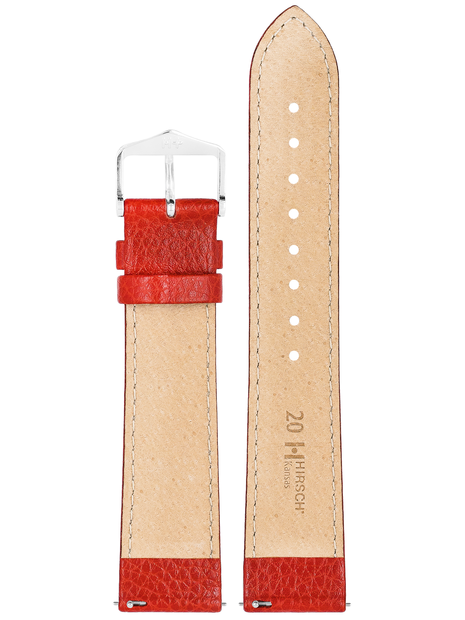 Rotes Leder-Uhrenarmband mit silberner Schnalle. Hellbraune Unterseite. Weiße Nähte. Strukturiert.