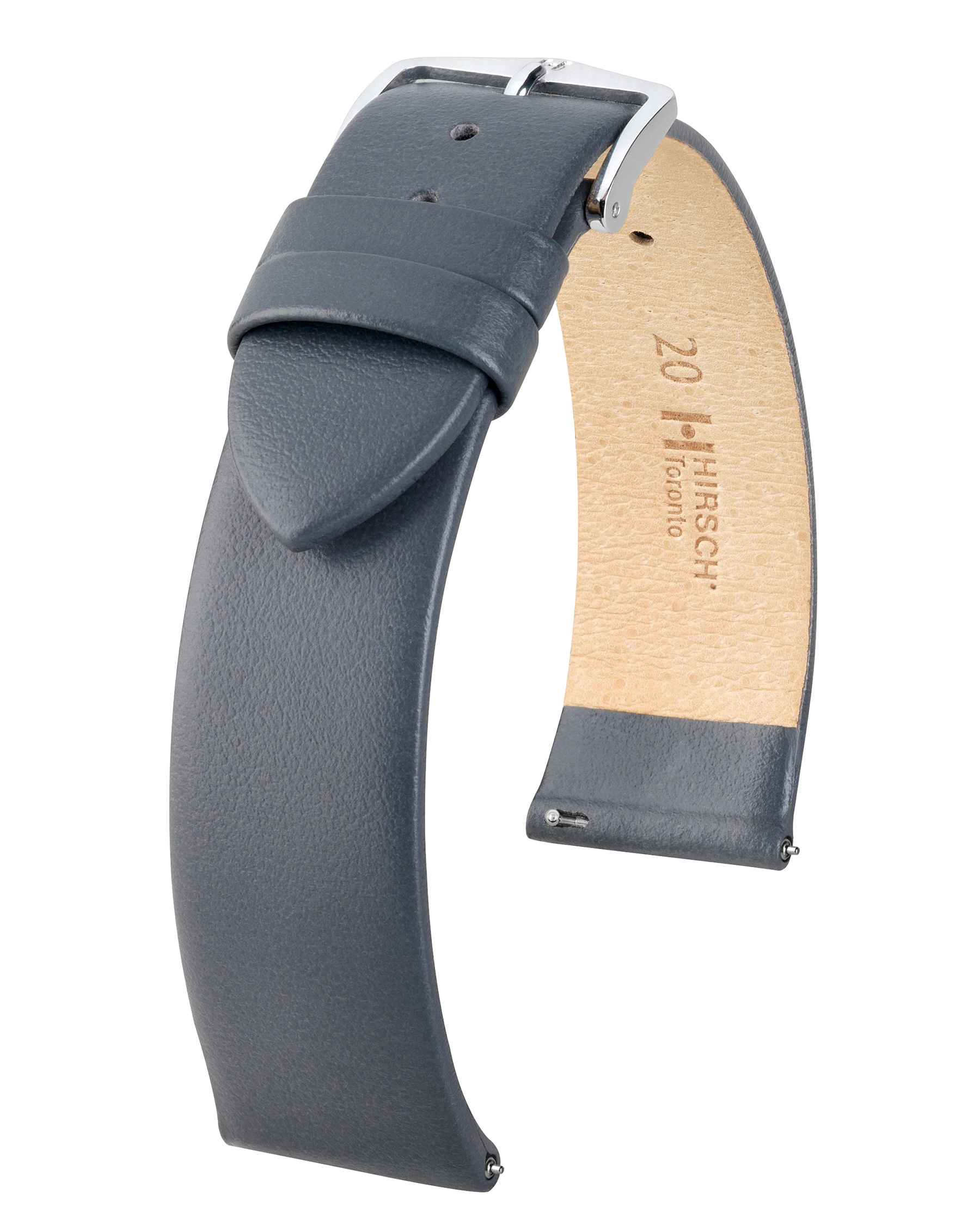 Graues Leder-Uhrenarmband mit silberner Schnalle. Die Rückseite ist hellbraun.