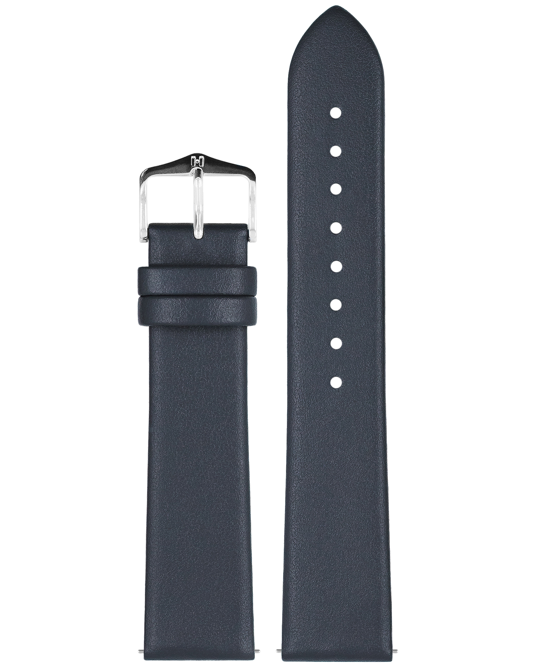 Zweiteiliges marineblaues Leder-Uhrenarmband. Ein Teil hat eine Schnalle, das andere Löcher.