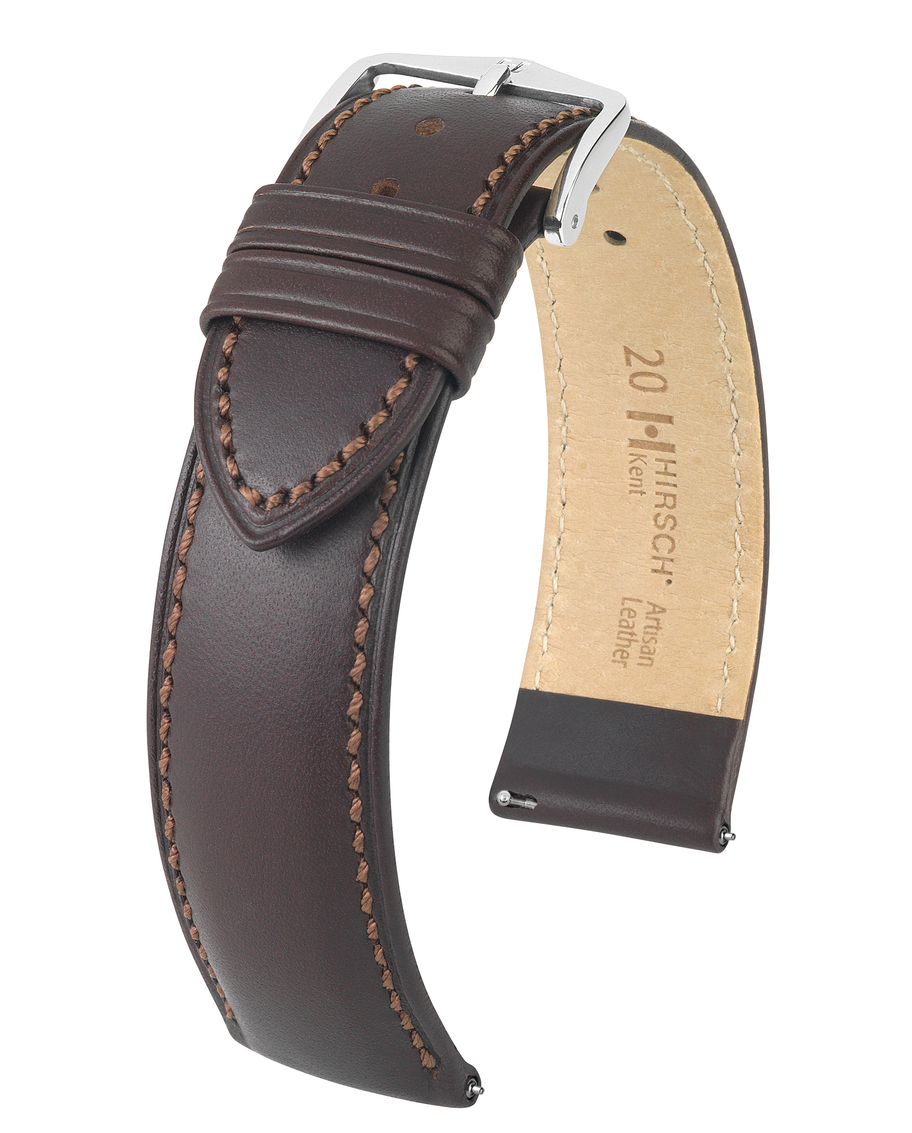 Braunes Leder-Uhrenarmband mit silberner Schnalle. Die Nähte sind hellbraun.