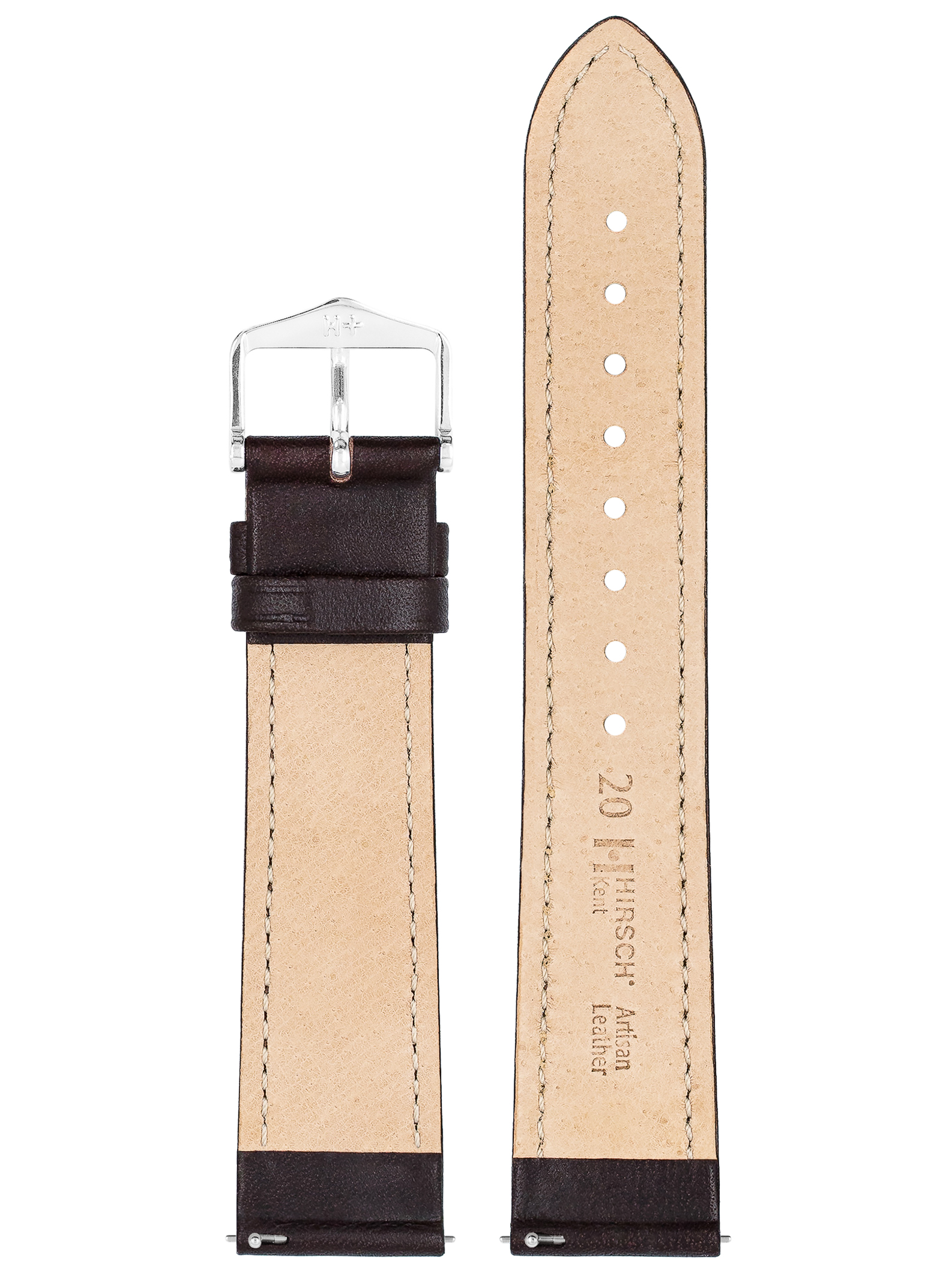 Braunes Leder-Uhrenarmband mit silberner Schnalle. Innen hellbraun mit Markennamen.