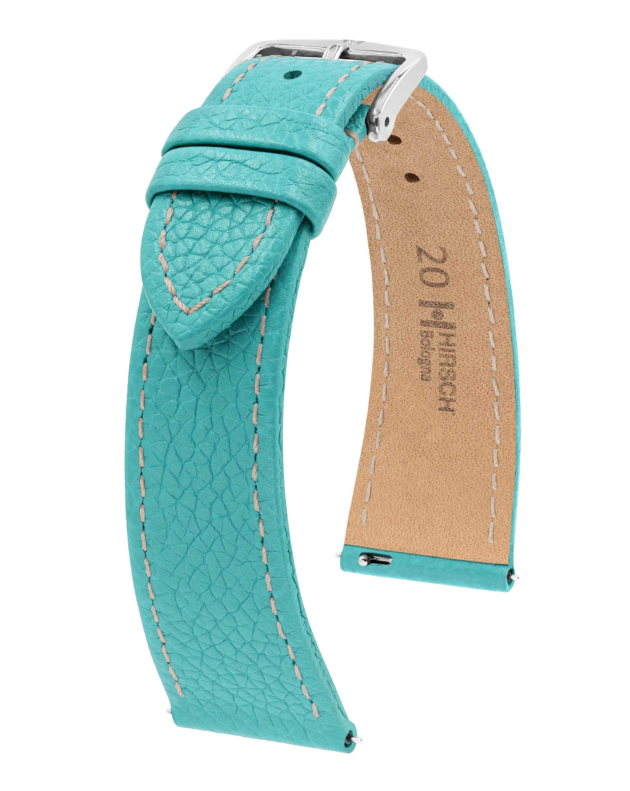 Türkisfarbenes Leder-Uhrenarmband mit silberner Schnalle. Hellrosa Nähte.