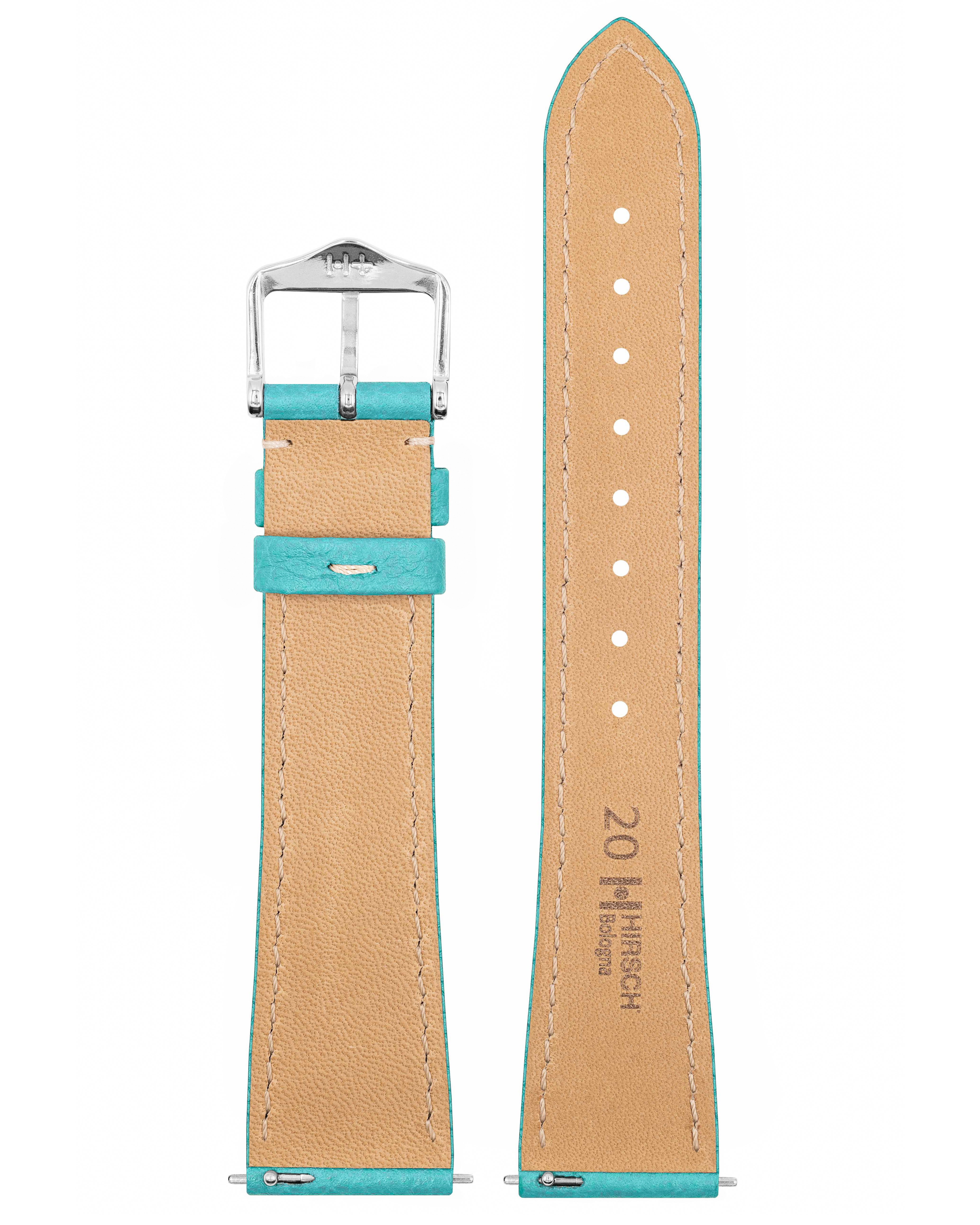 Türkisfarbenes Leder-Uhrenarmband mit silberner Schnalle. Innen hellbraun mit Markennamen.