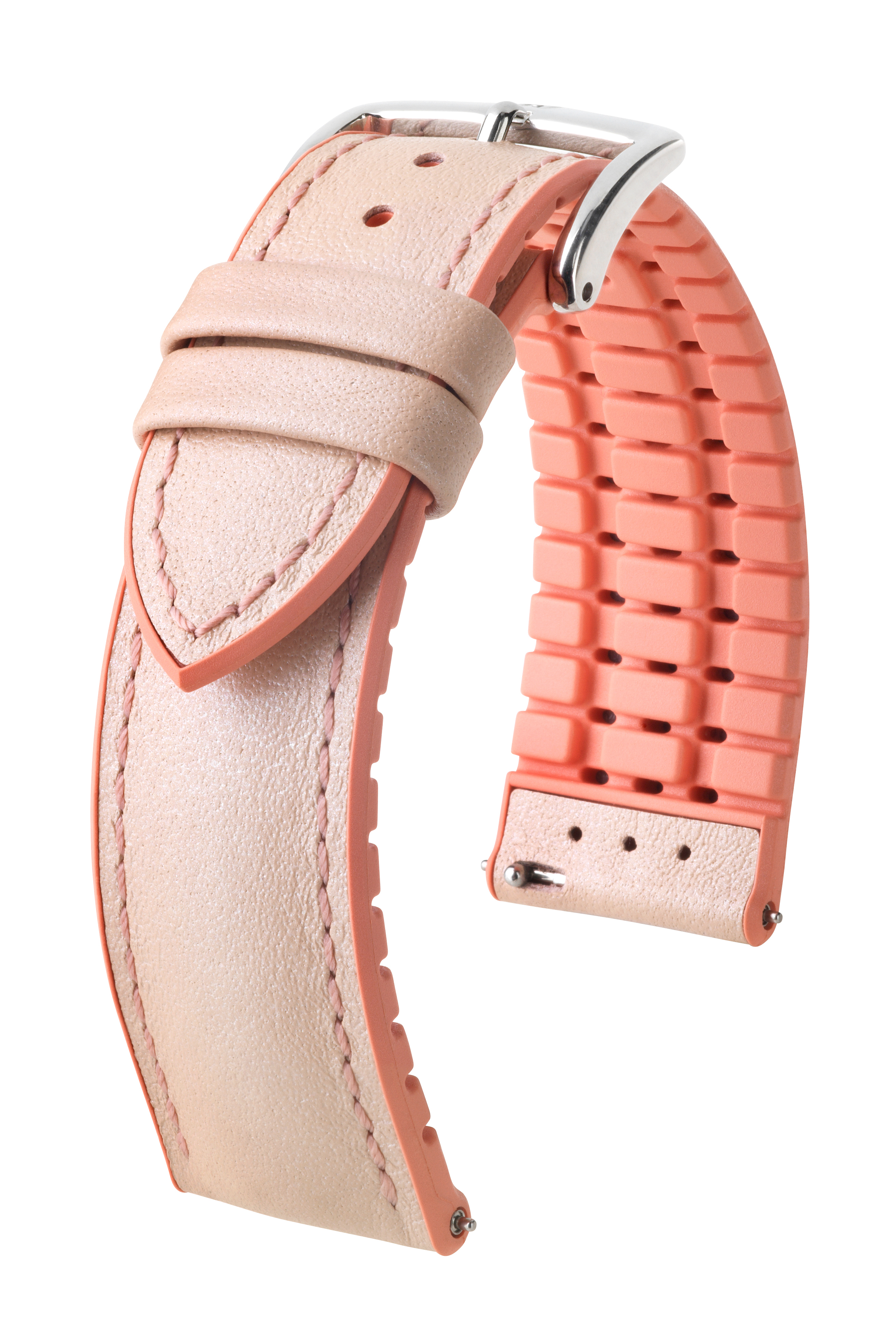 Rosa und korallenfarbenes Uhrenarmband. Kombination aus Leder und Gummi. Silberne Schnalle.