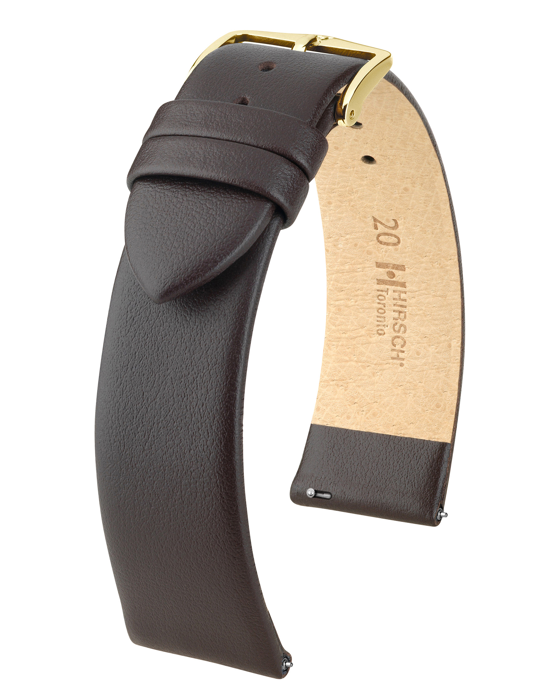 Dunkelbraunes Leder-Uhrenarmband mit goldener Schnalle. Rückseite hellbraun.
