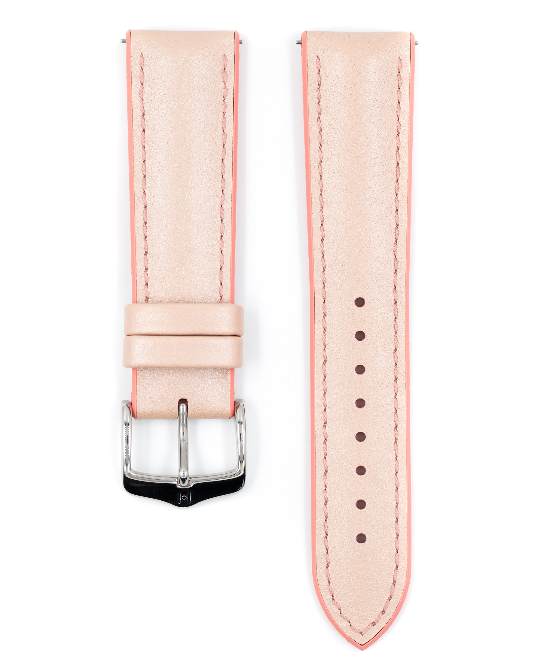 Rosa Leder-Uhrenarmband mit korallenfarbenem Rand, silberne Schnalle. Zwei Teile.