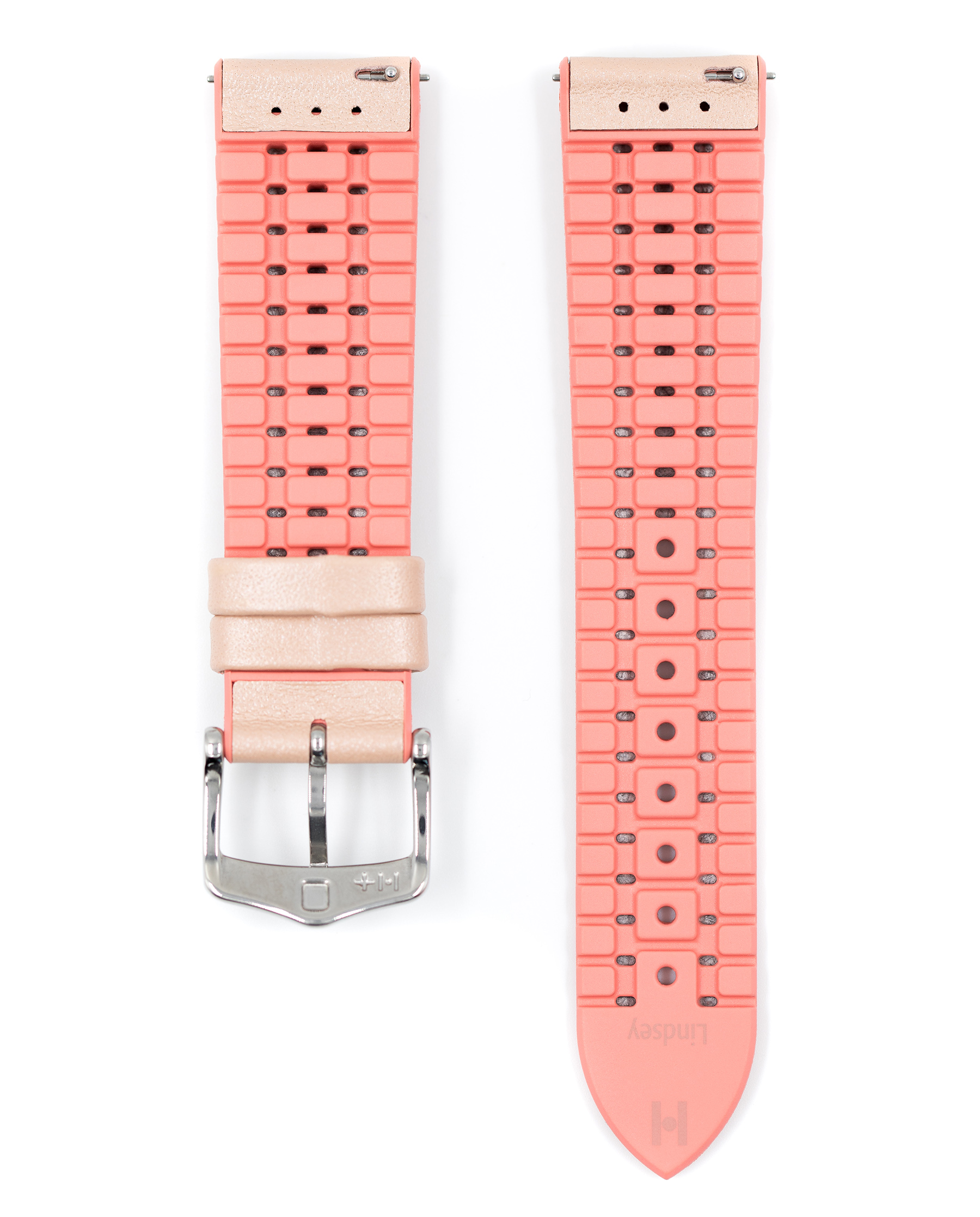 Zweiteiliges Uhrenarmband, rosa, mit roségoldfarbener Hardware. Das Armband ist strukturiert.