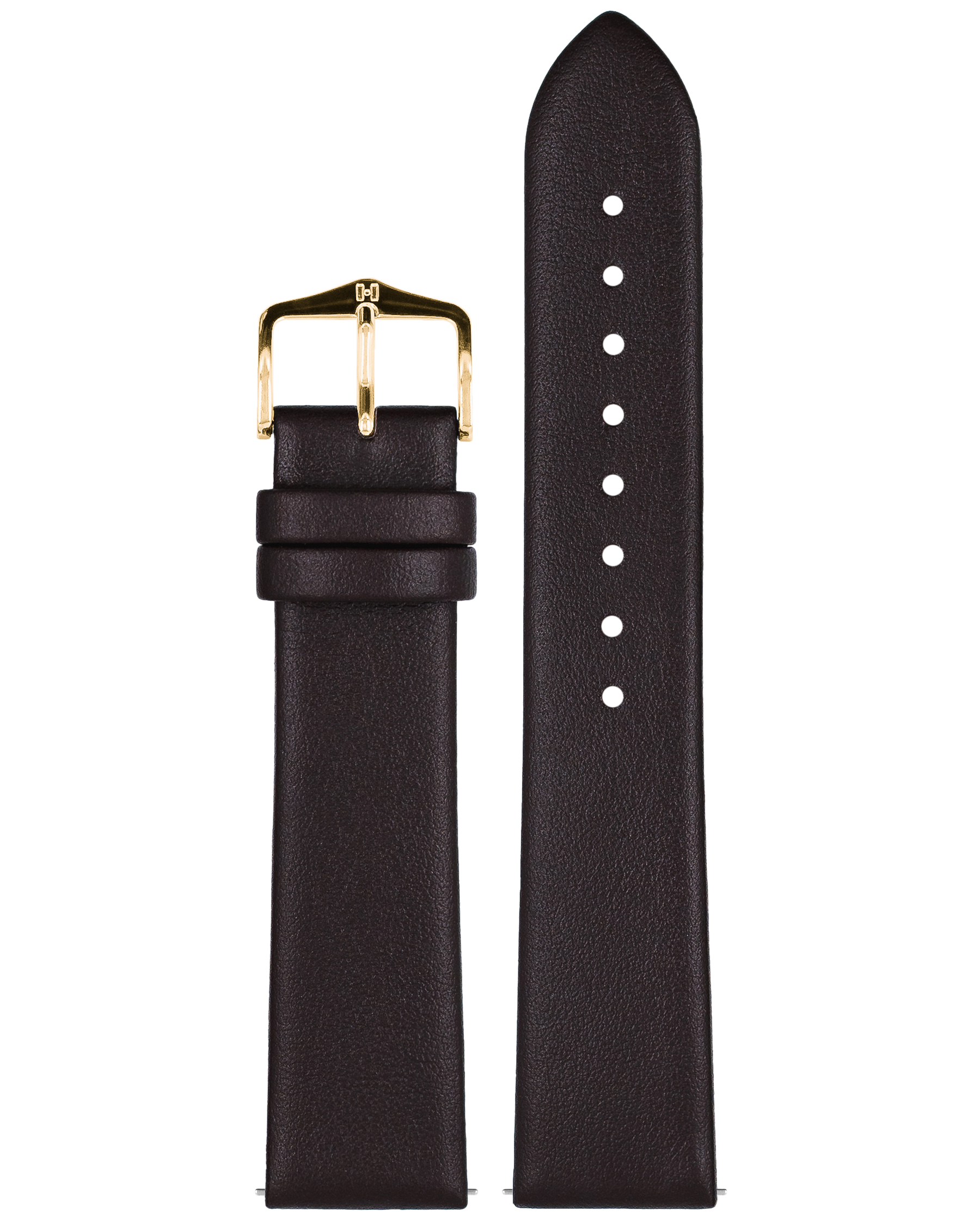 Dunkelbraunes Leder-Armband mit goldener Schnalle. Zweiteilig. Weißer Hintergrund.