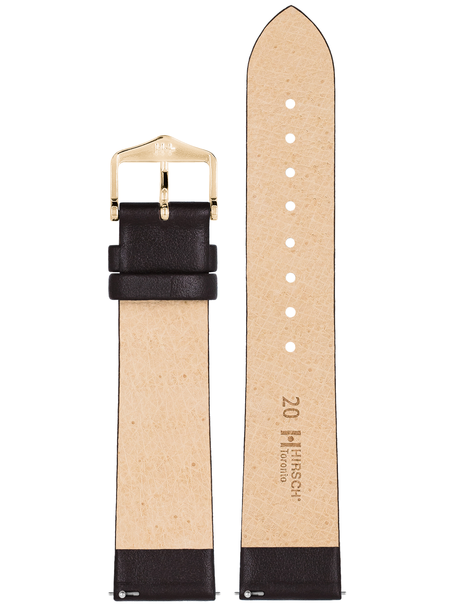 Dunkelbraunes Leder-Armband mit goldener Schnalle. Beige Innenseite. Weißer Hintergrund.