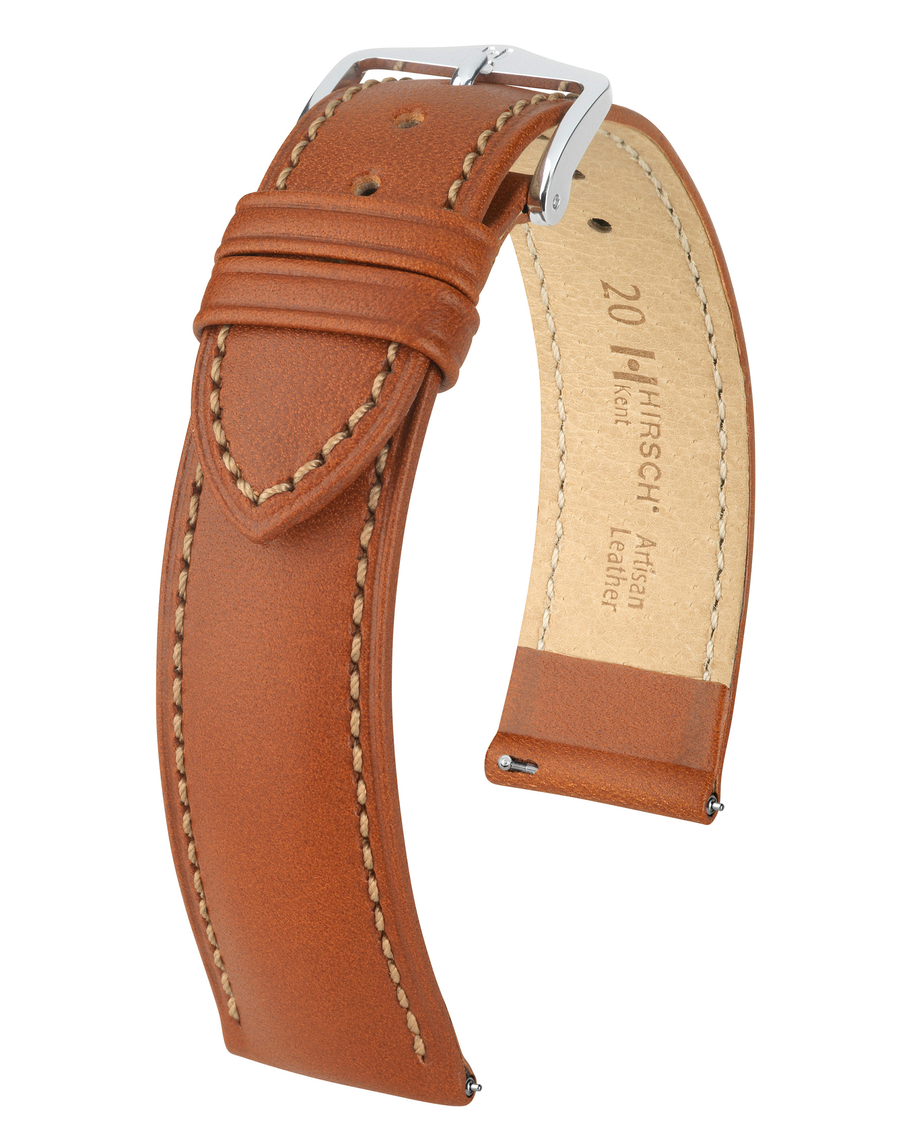 Braunes Leder-Uhrenarmband mit silberner Schnalle. Genähte Kanten. Weißer Hintergrund.