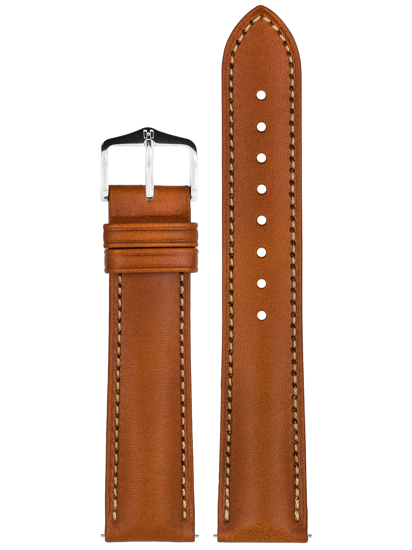 Braunes Leder-Uhrenarmband mit silberner Schnalle. Genähte Kanten. Weißer Hintergrund.