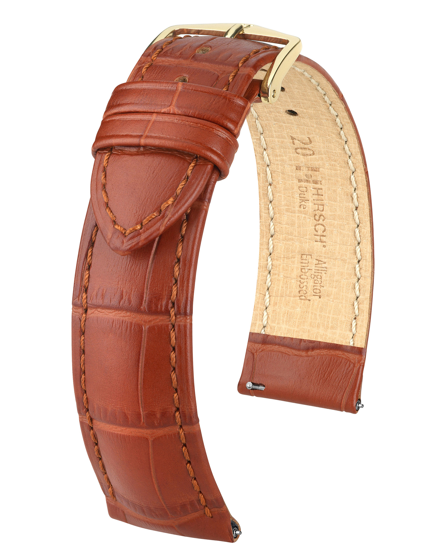 Braunes Leder-Uhrenarmband mit goldener Schnalle. Krokodilmuster. Weißer Hintergrund.