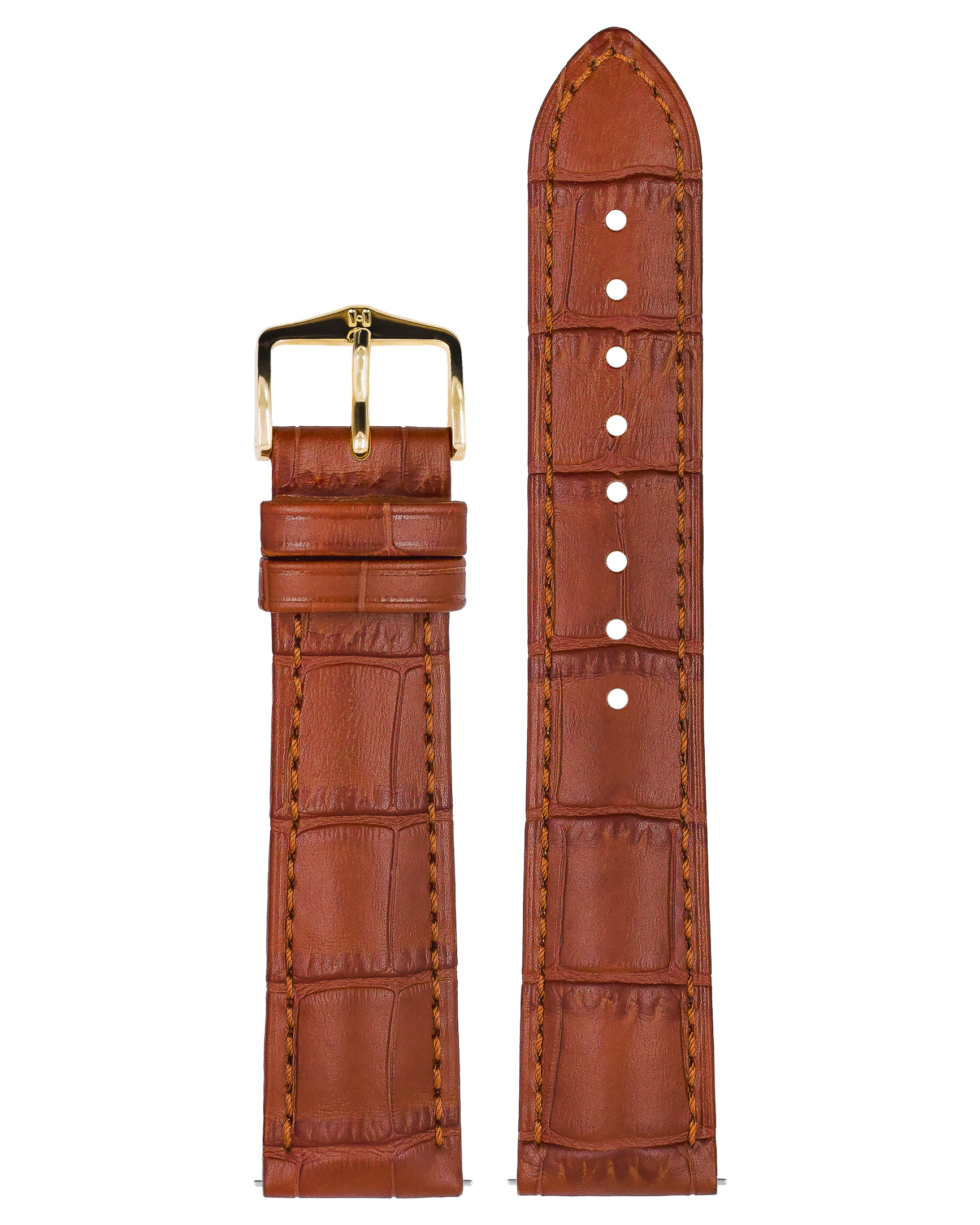 Braunes Leder-Uhrenarmband mit goldener Schnalle. Krokodilmuster. Weißer Hintergrund.