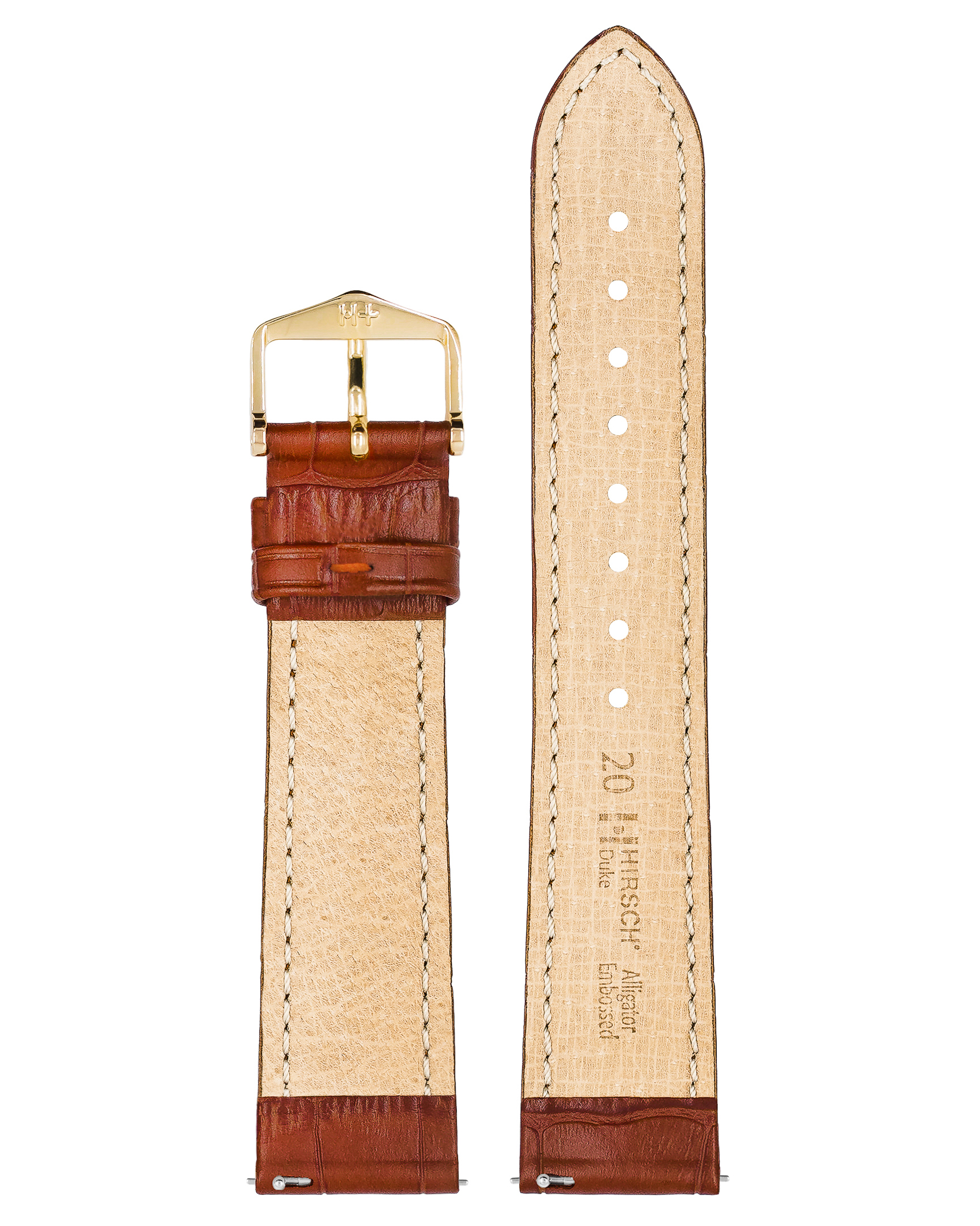 Braunes Leder-Uhrenarmband mit goldener Schnalle. Krokodilmuster. Beige Innenseite. Weiß.