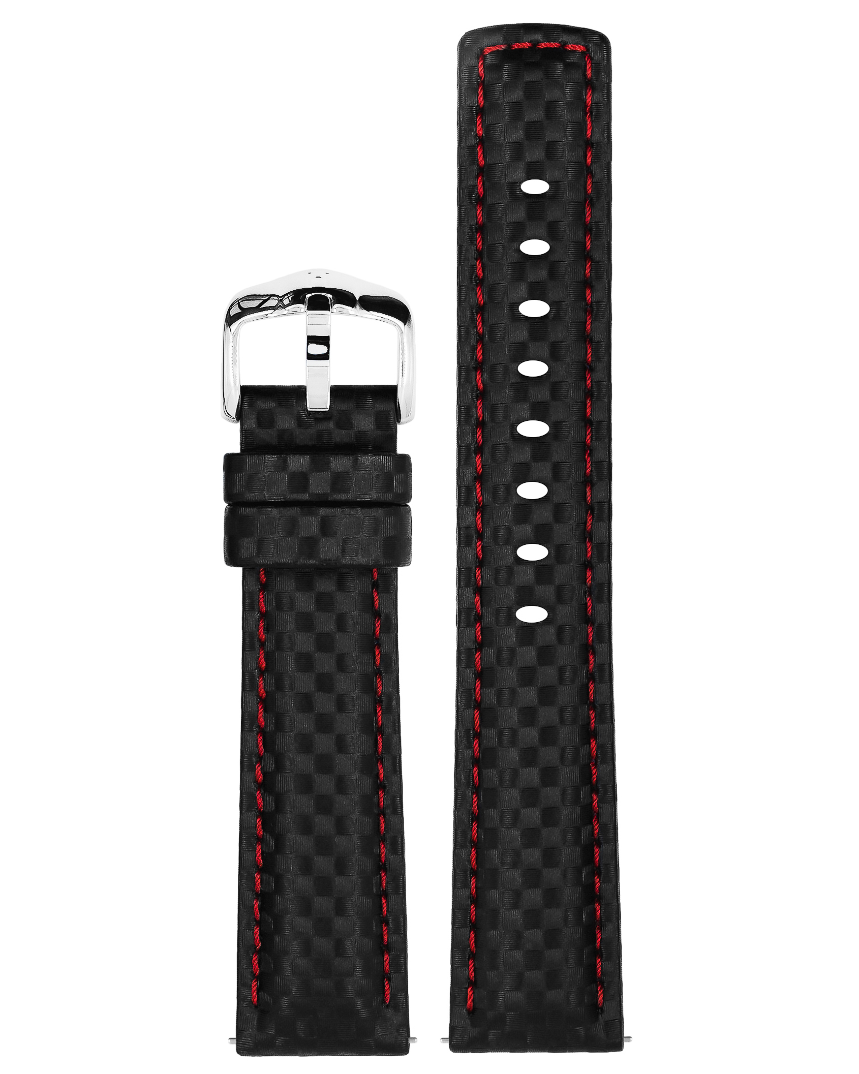 Schwarzes strukturiertes Uhrenarmband, rote Nähte, silberne Schnalle. Weißer Hintergrund.