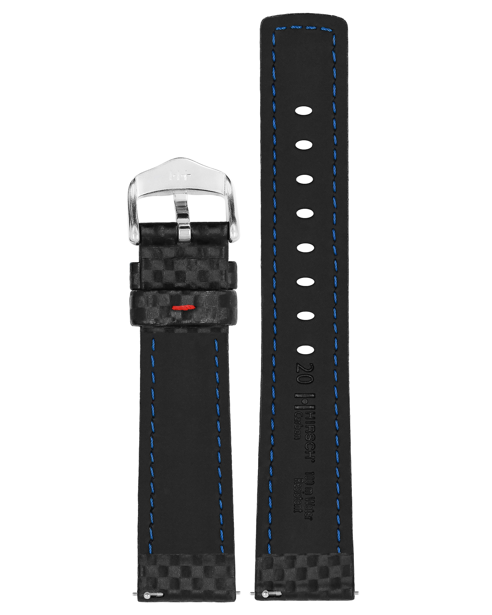 Schwarzes strukturiertes Uhrenarmband, blaue Nähte, silberne Schnalle. Weißer Hintergrund.