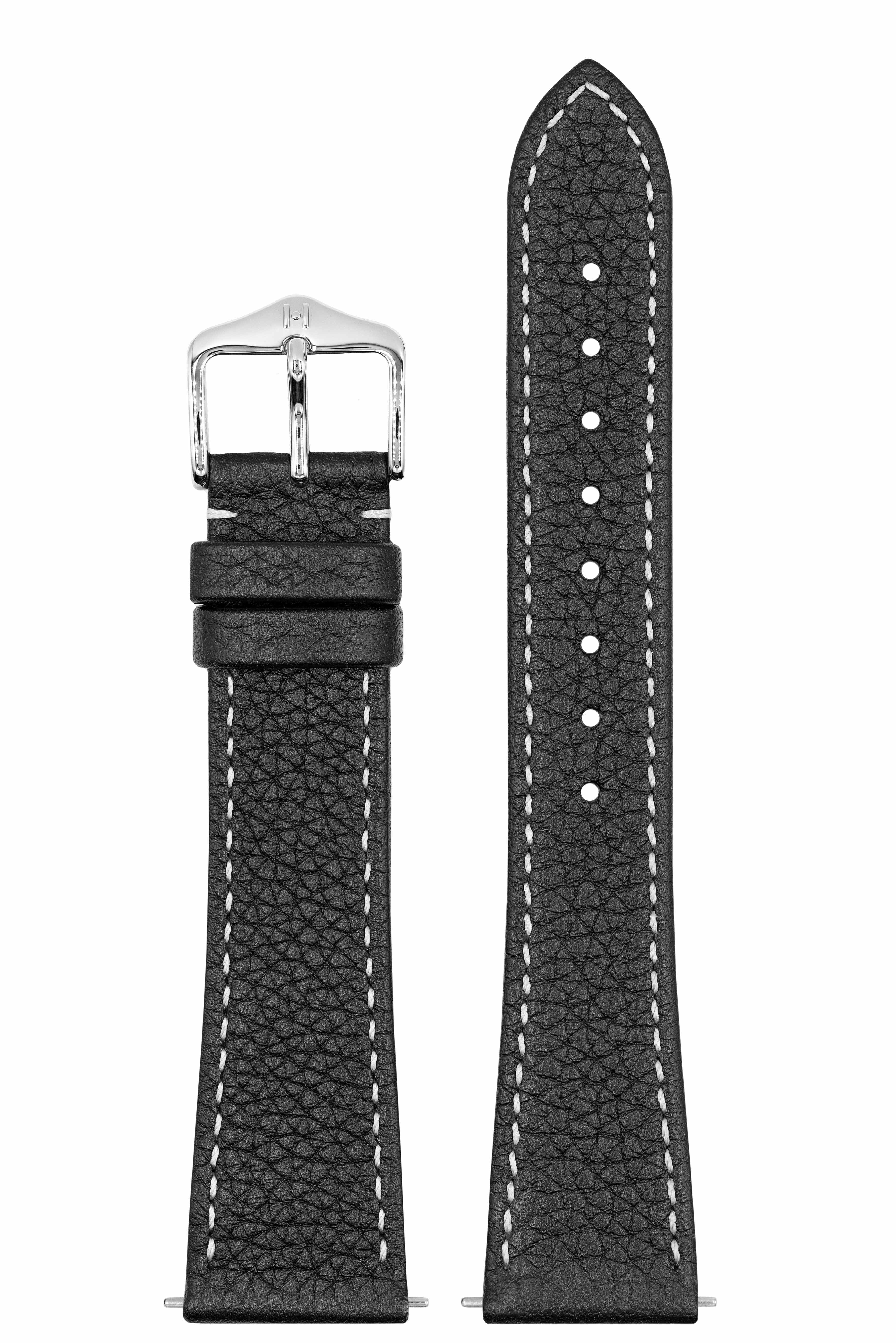 Schwarzes strukturiertes Uhrenarmband, weiße Nähte, silberne Schnalle. Weißer Hintergrund.