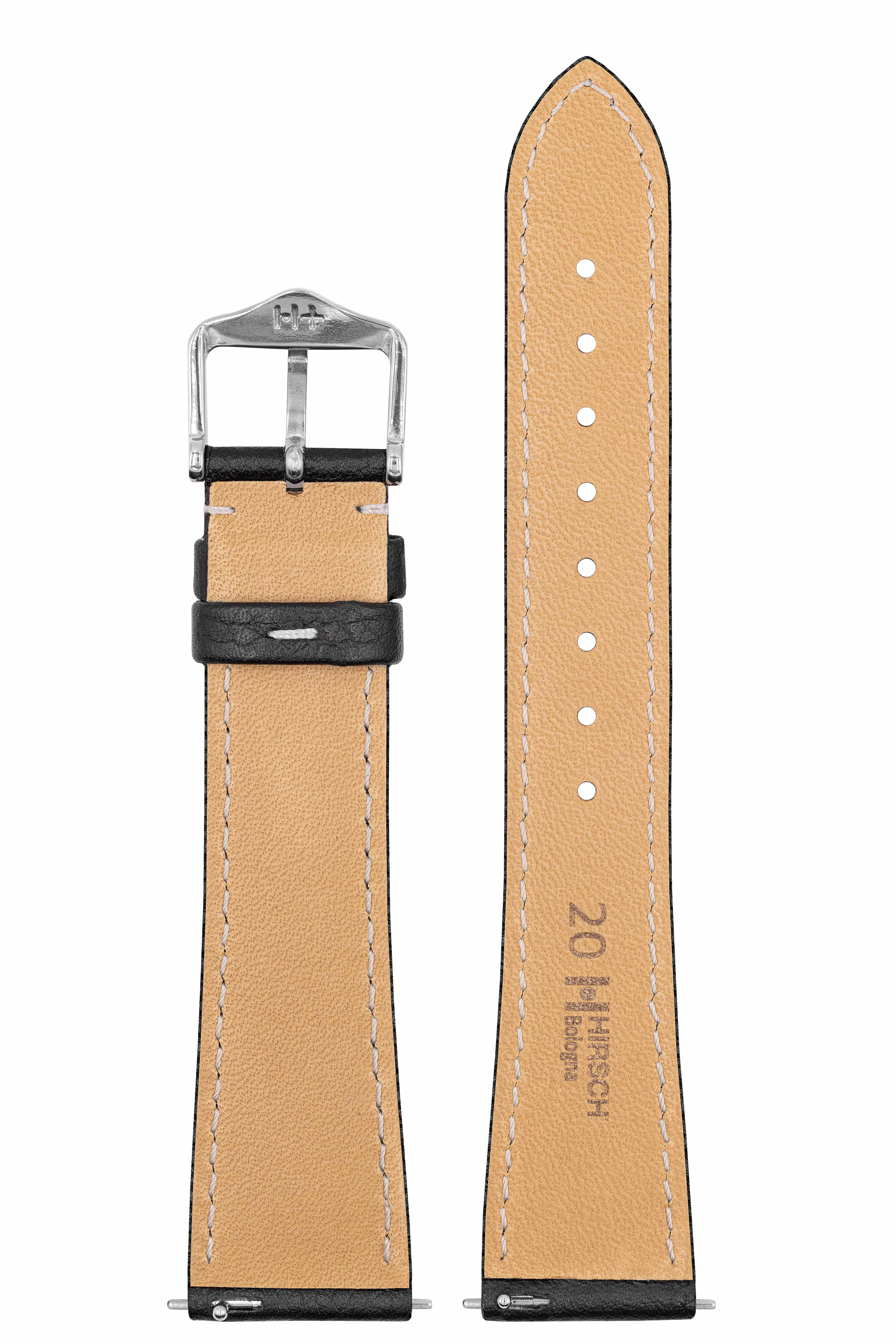Schwarzes Leder-Uhrenarmband, silberne Schnalle. Beige Innenseite. Weißer Hintergrund.