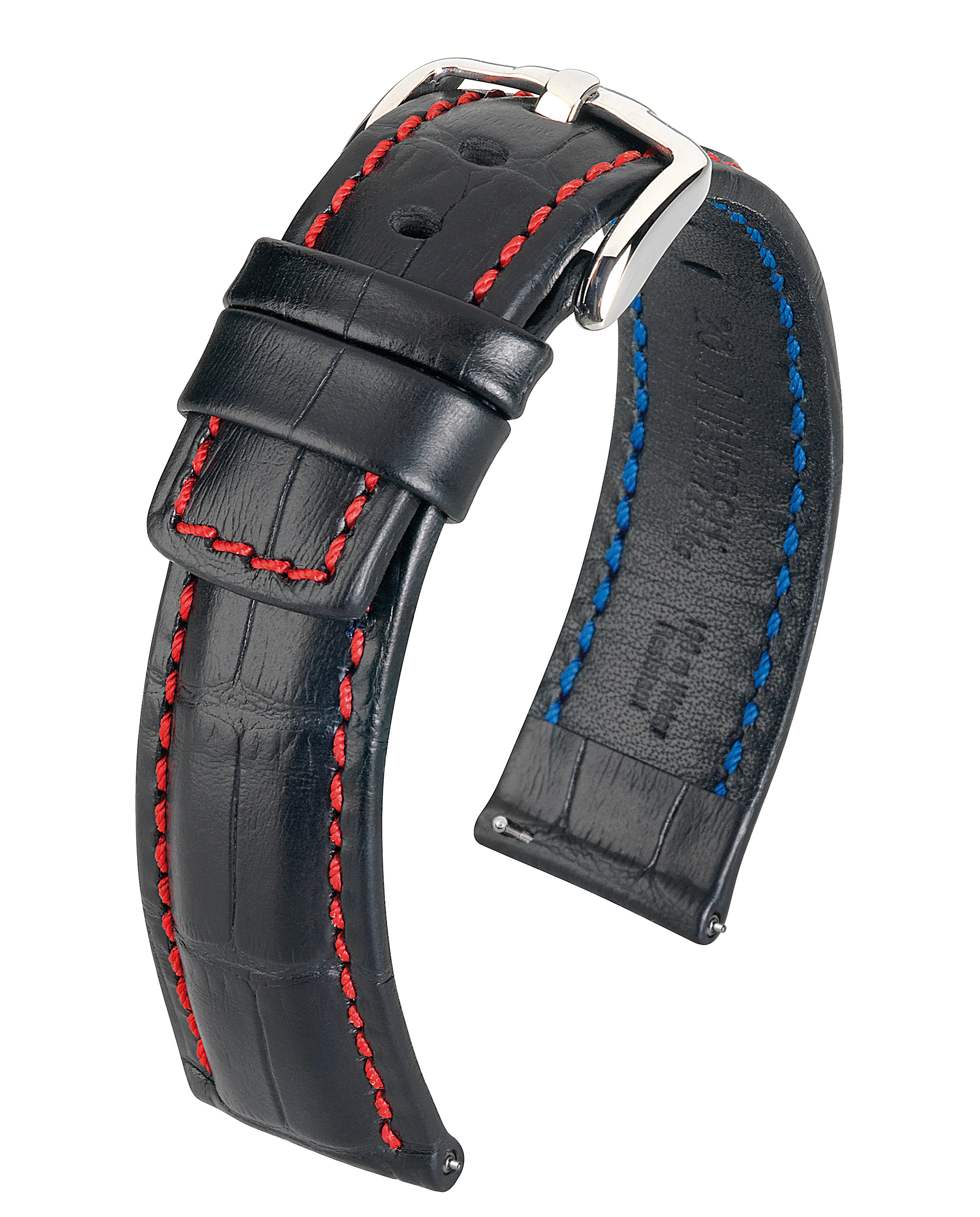 Schwarzes Uhrenarmband mit roten Nähten. Geprägtes Leder, silberne Schnalle und blaue Naht innen.