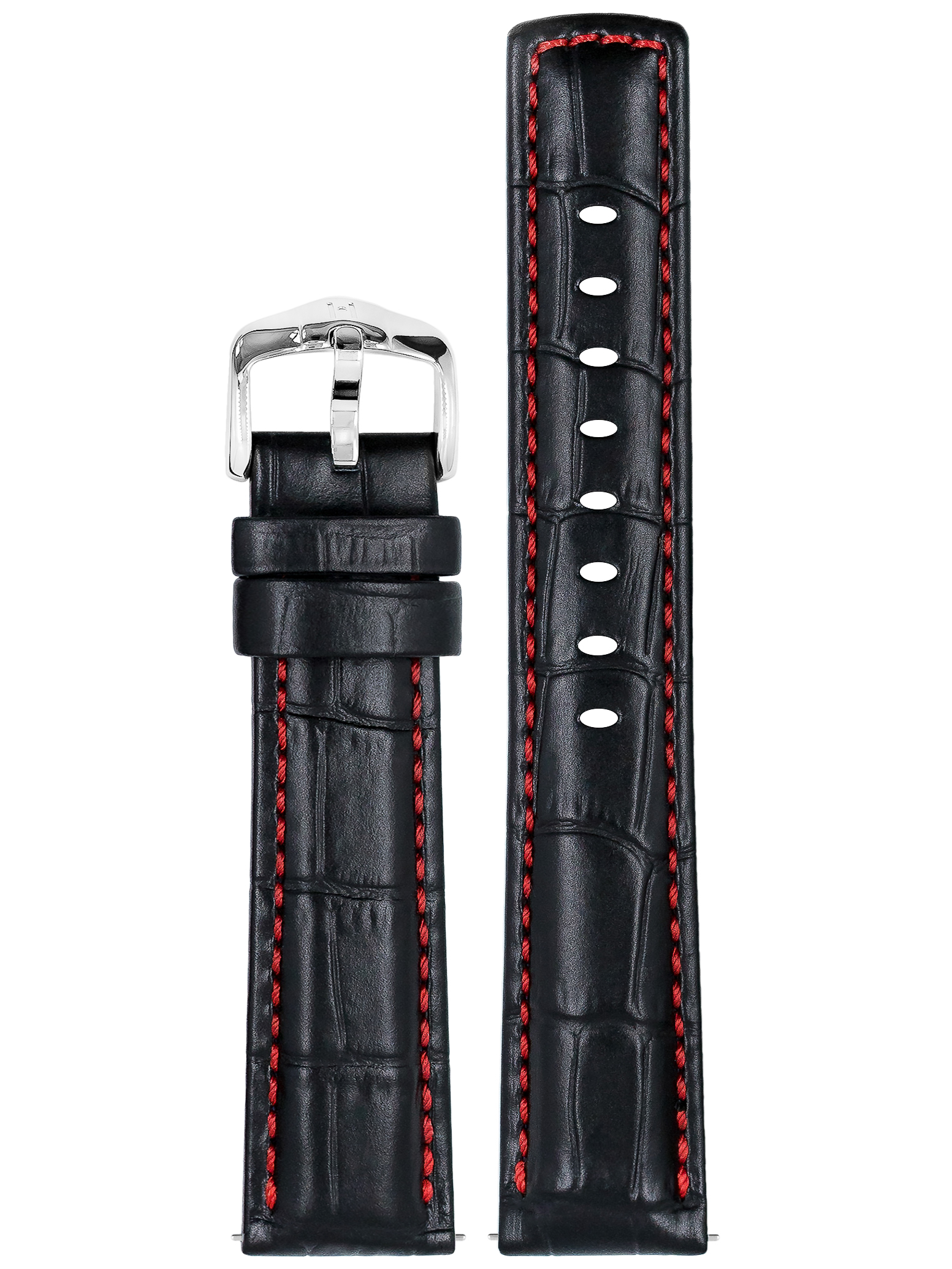 Schwarzes Uhrenarmband mit roten Nähten. Geprägtes Leder, silberne Schnalle. Einfaches Design, isoliert.