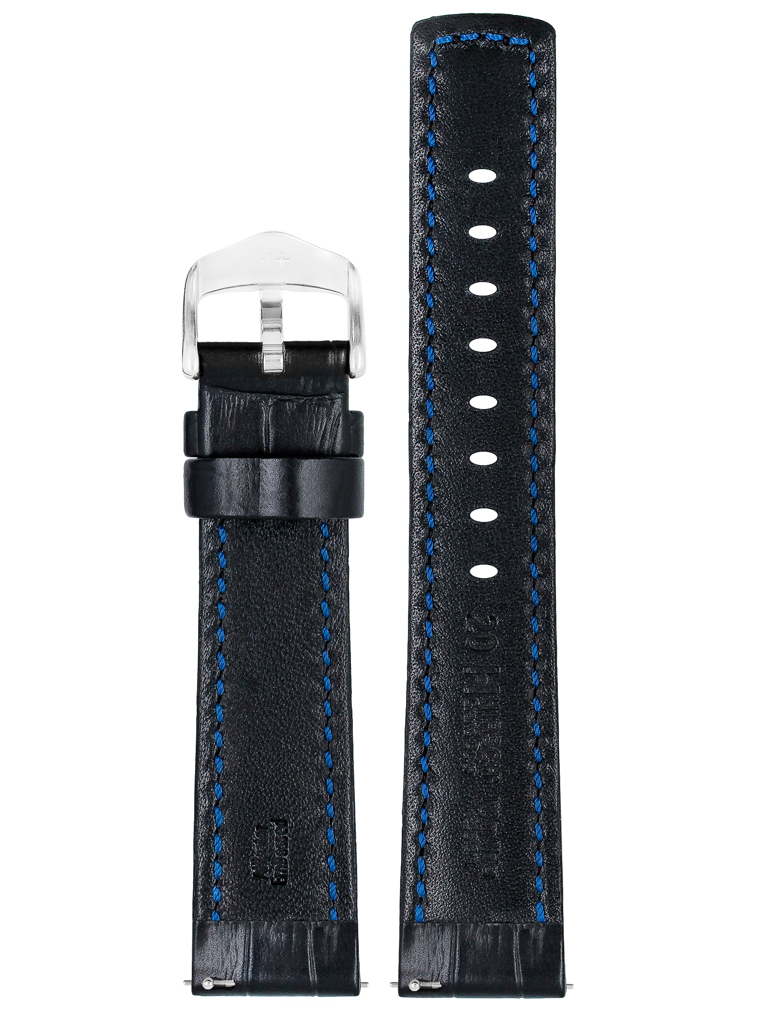 Schwarzes Uhrenarmband mit blauen Nähten. Silberne Schnalle. Der Riemen ist einfach und isoliert.