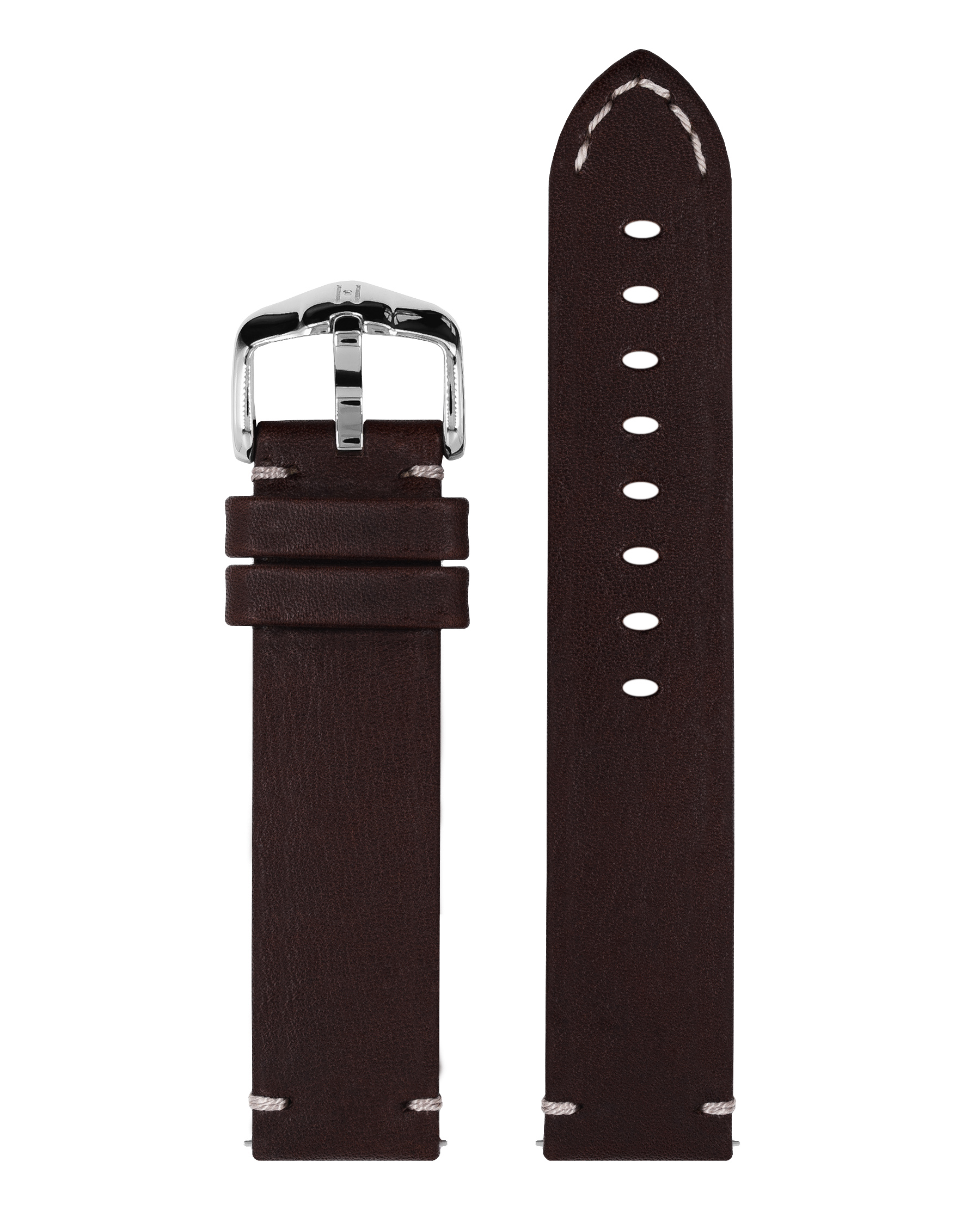 Braunes Uhrenarmband mit cremefarbenen Nähten. Einfaches Design, silberne Schnalle, isoliert.