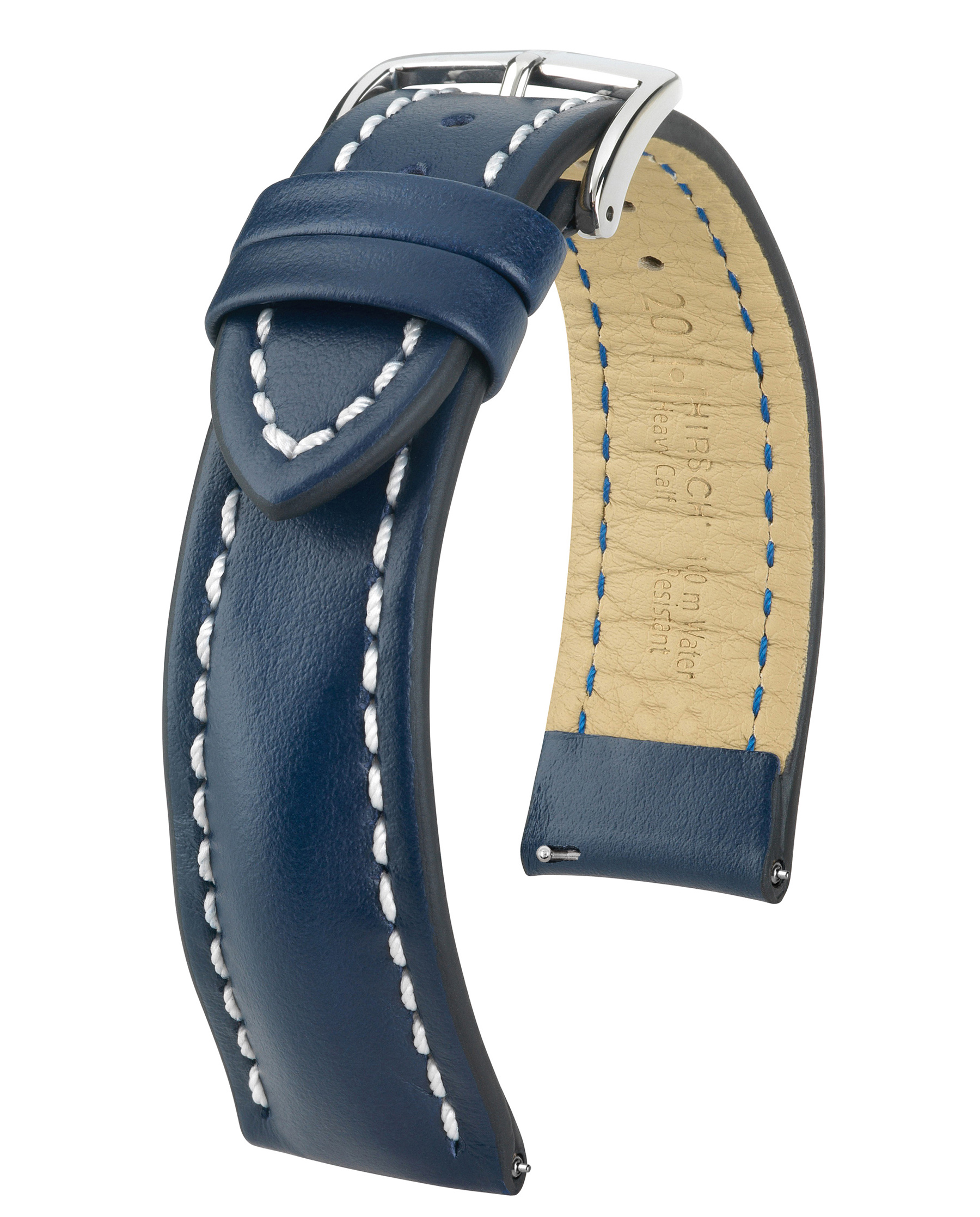 Blaues Uhrenarmband mit weißen Nähten, silberner Schnalle. Leder, weiße Nähte und blaue Unterseite.