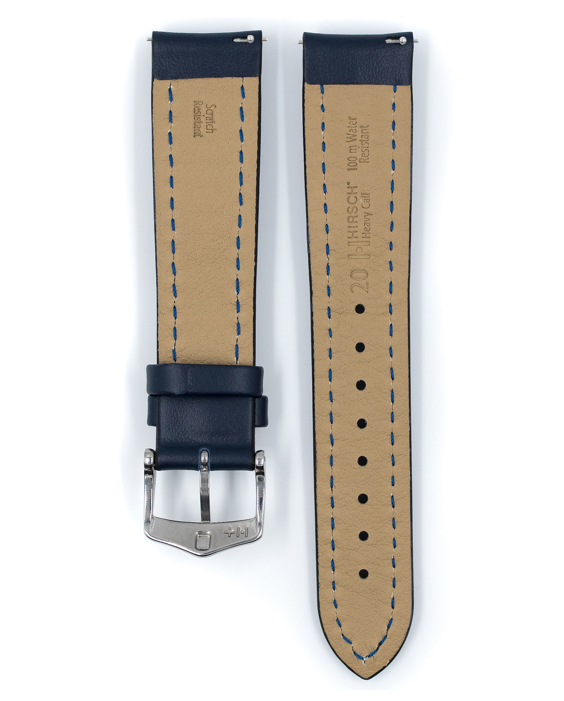 Blaues Uhrenarmband mit weißen Nähten. Silberne Schnalle. Der Riemen ist isoliert.