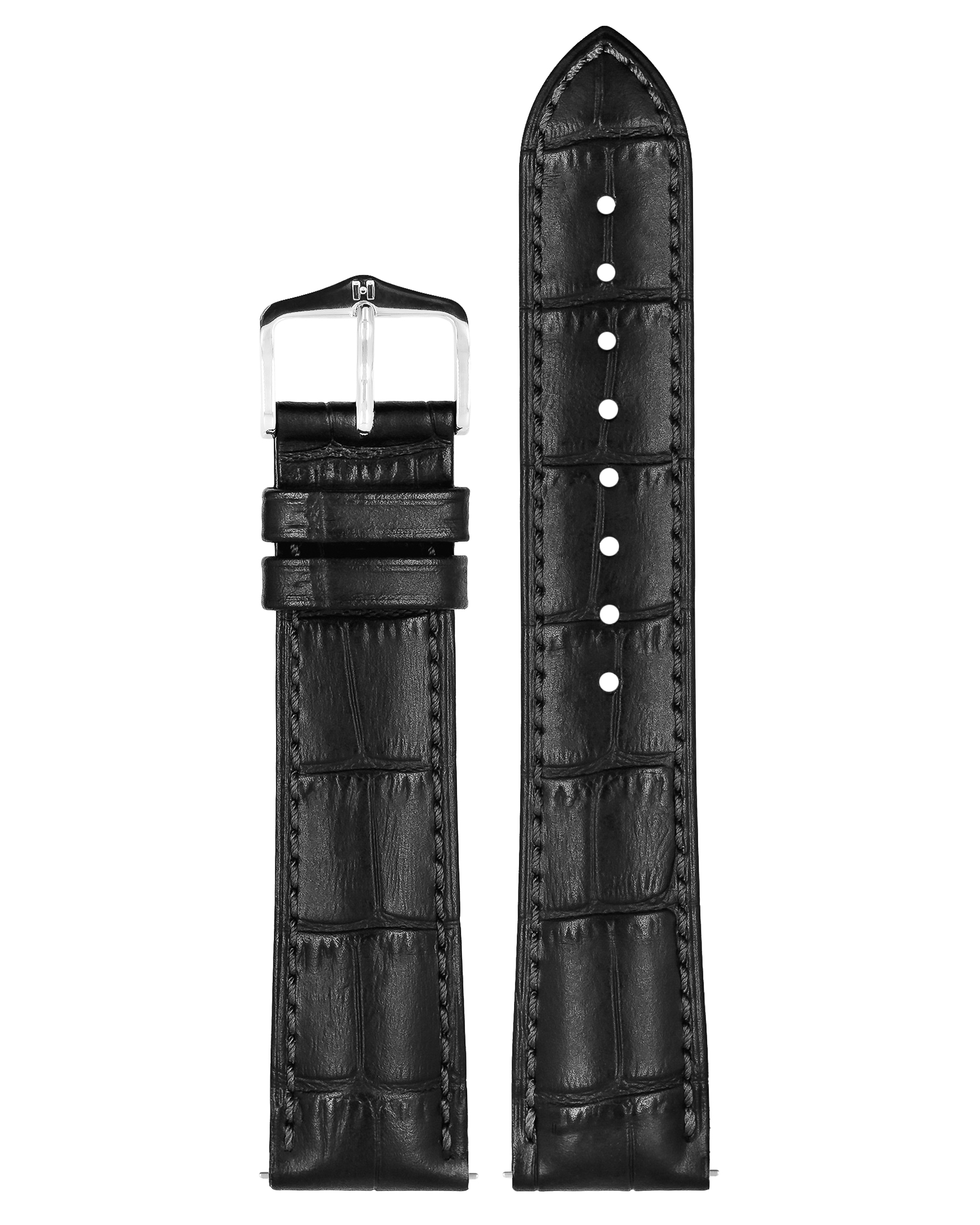 Schwarzes Uhrenarmband mit Krokodilprägung, grauen Nähten, silberner Schnalle, isoliert.