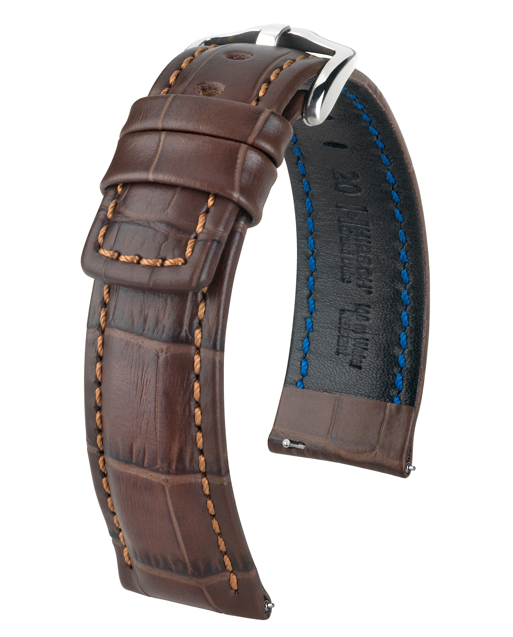Braunes Lederarmband mit Krokodiltextur. Silberne Schnalle. Orangefarbene Nähte. Blaue Nähte auf der Rückseite.