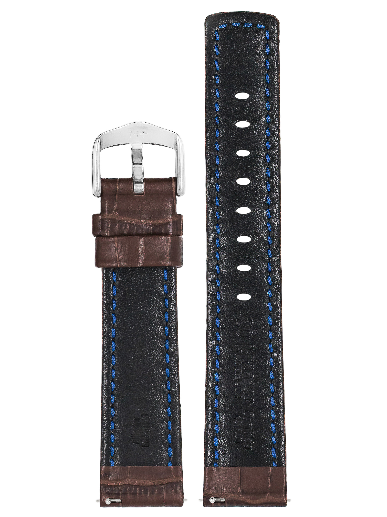 Braunes Uhrenarmband mit Krokodiltextur. Silberschnalle. Blaue Nähte. Zwei Teile sind gezeigt.