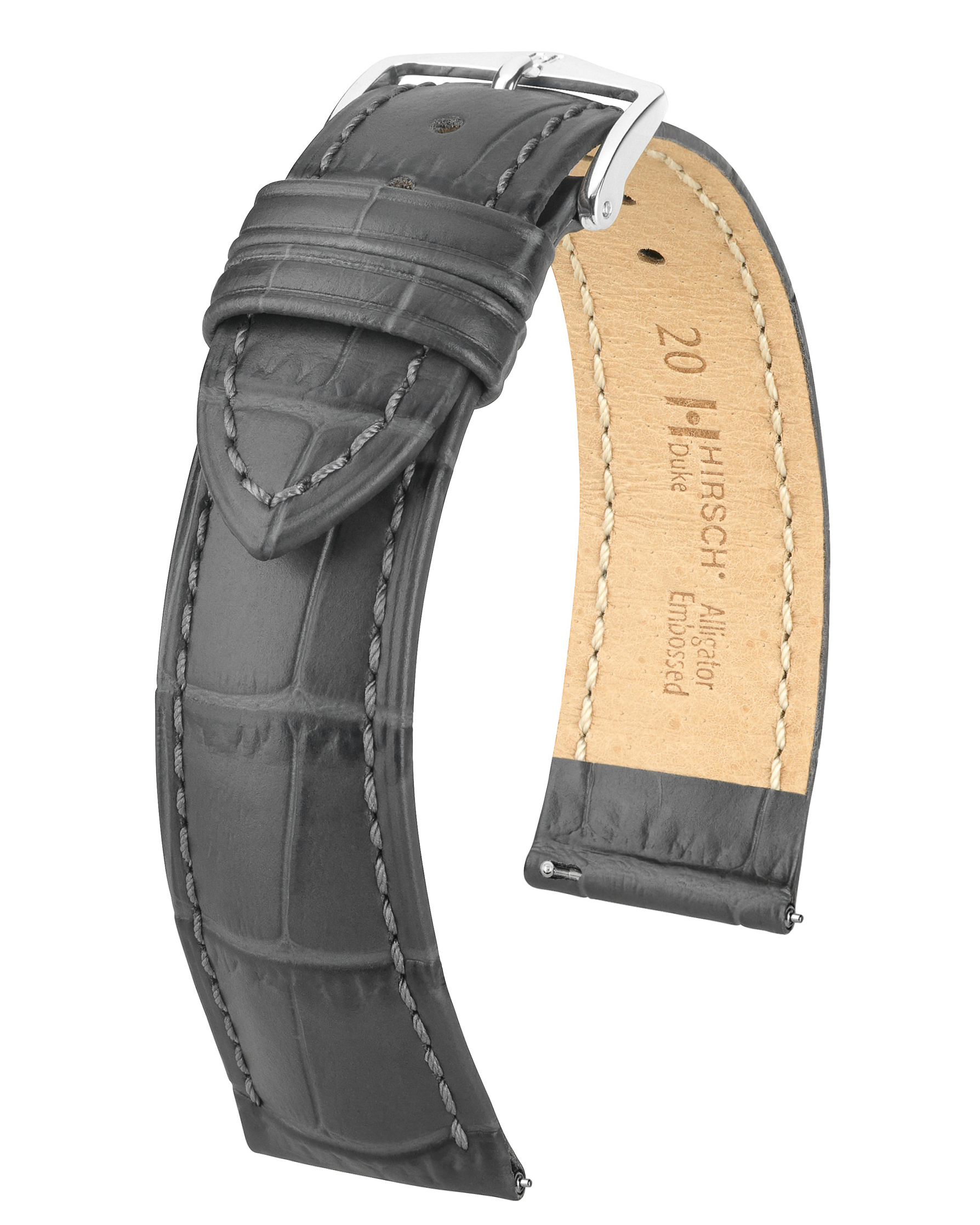 Graues Krokodilleder-Uhrenarmband. Silberne Schnalle. Beigefarbenes Innere mit Text. Das Armband ist gebogen.
