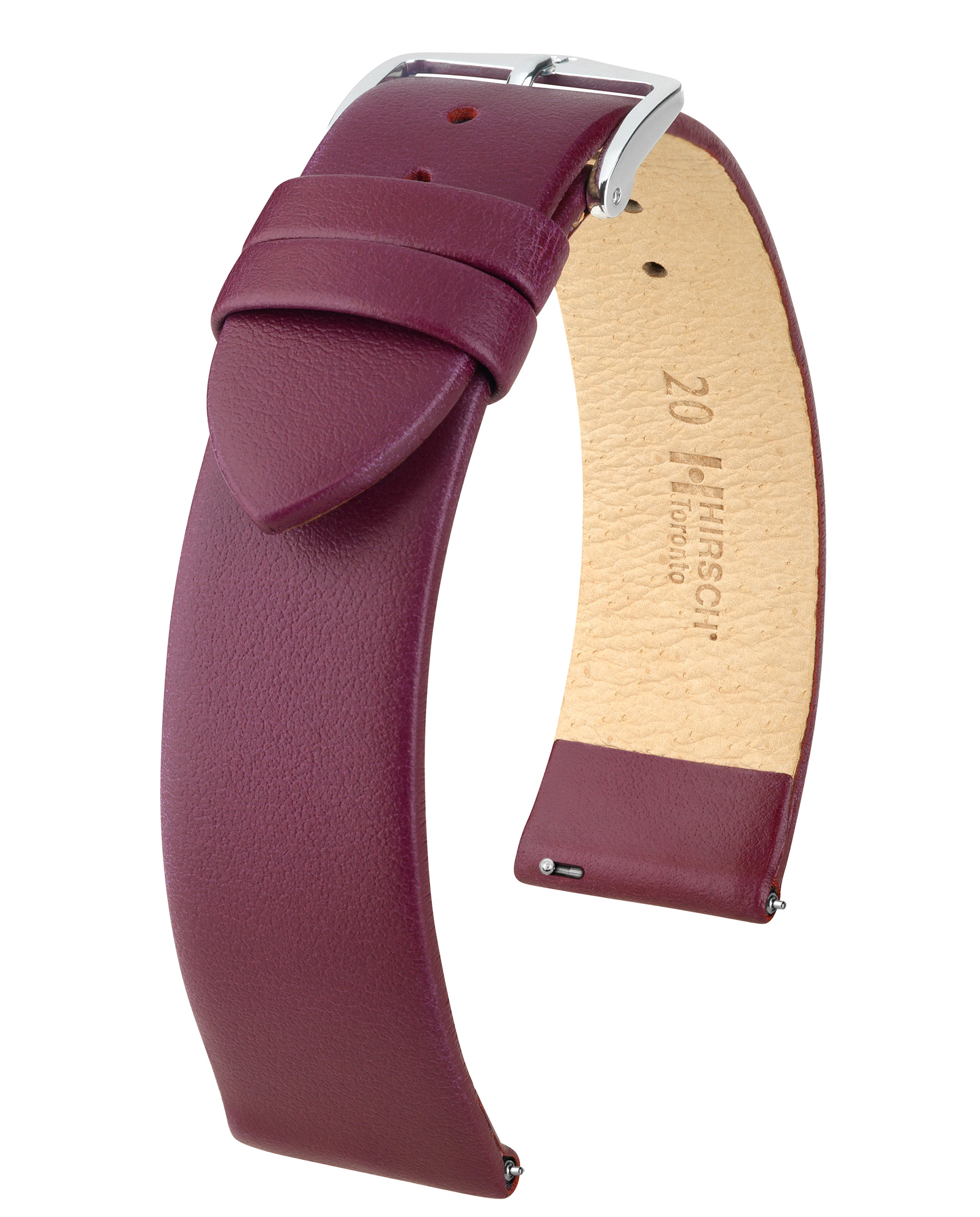 Burgunderrotes Leder-Uhrenarmband. Silberschnalle. Beiges Innere mit Text. Gebogenes Armband.