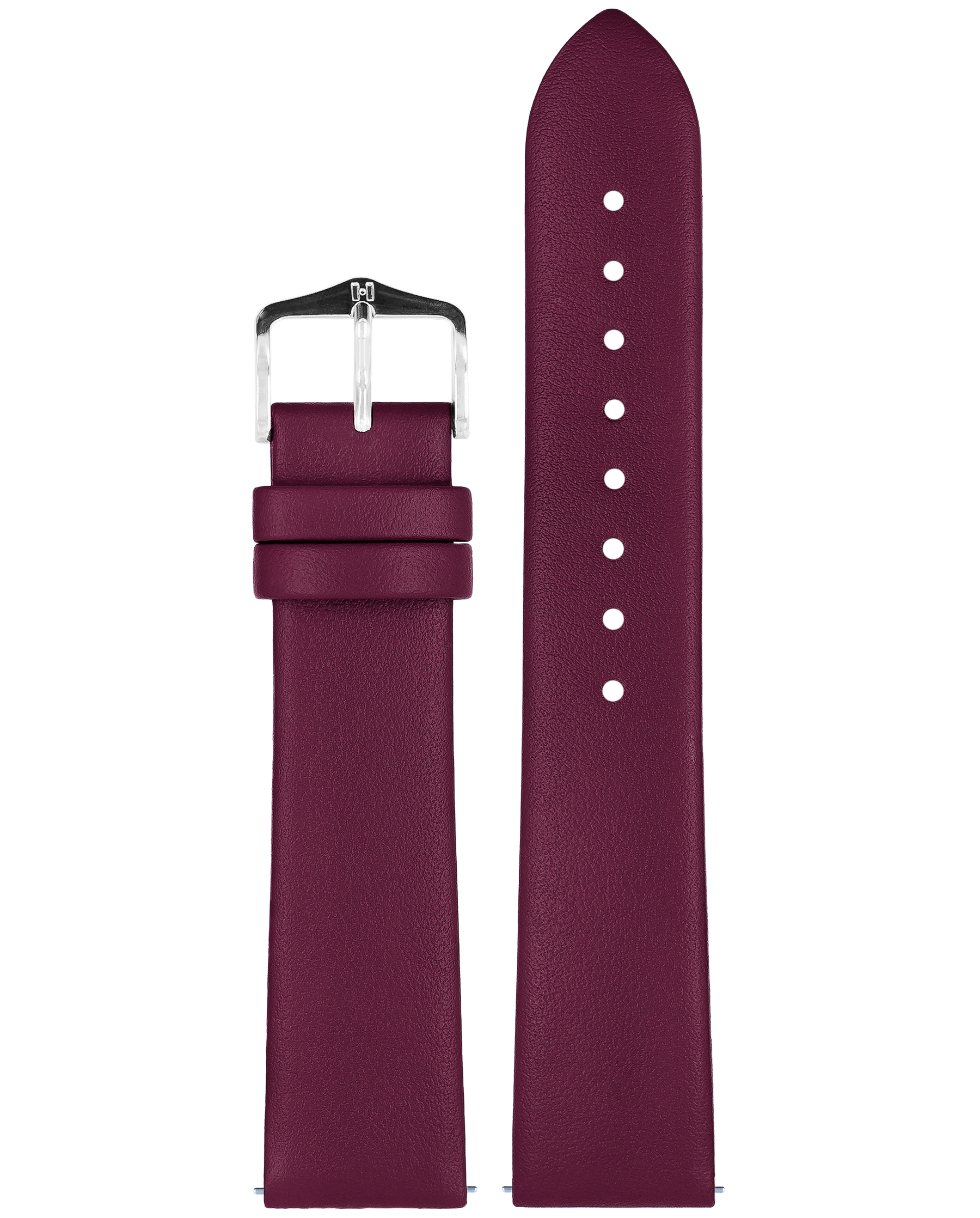 Burgunderrotes Leder-Uhrenarmband. Silberschnalle. Zwei Teile sind gezeigt. Beiges Innere mit Text.