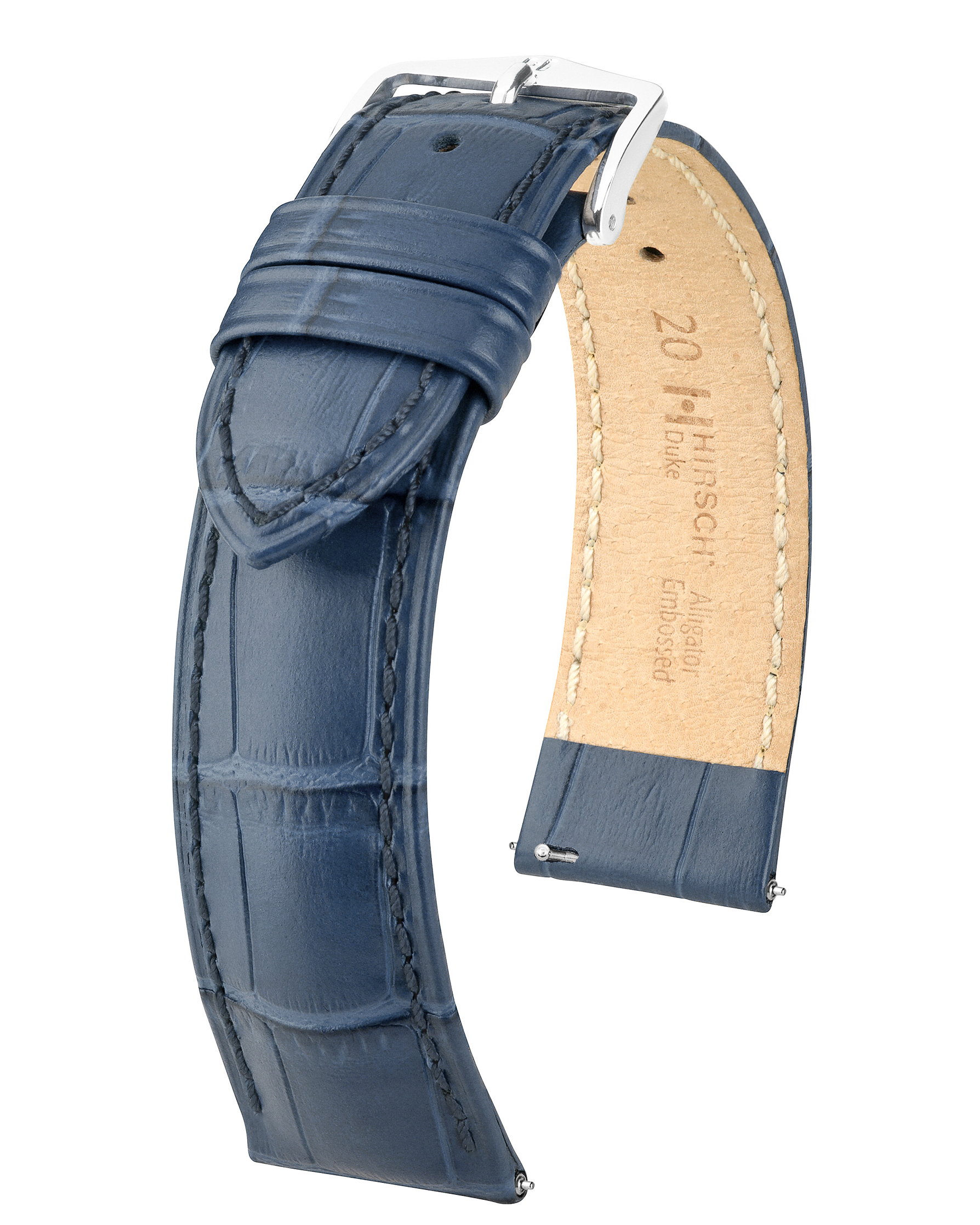 Blaues Krokodilleder-Uhrenarmband. Silberschnalle. Beiges Innere mit Text. Das Armband ist gebogen.