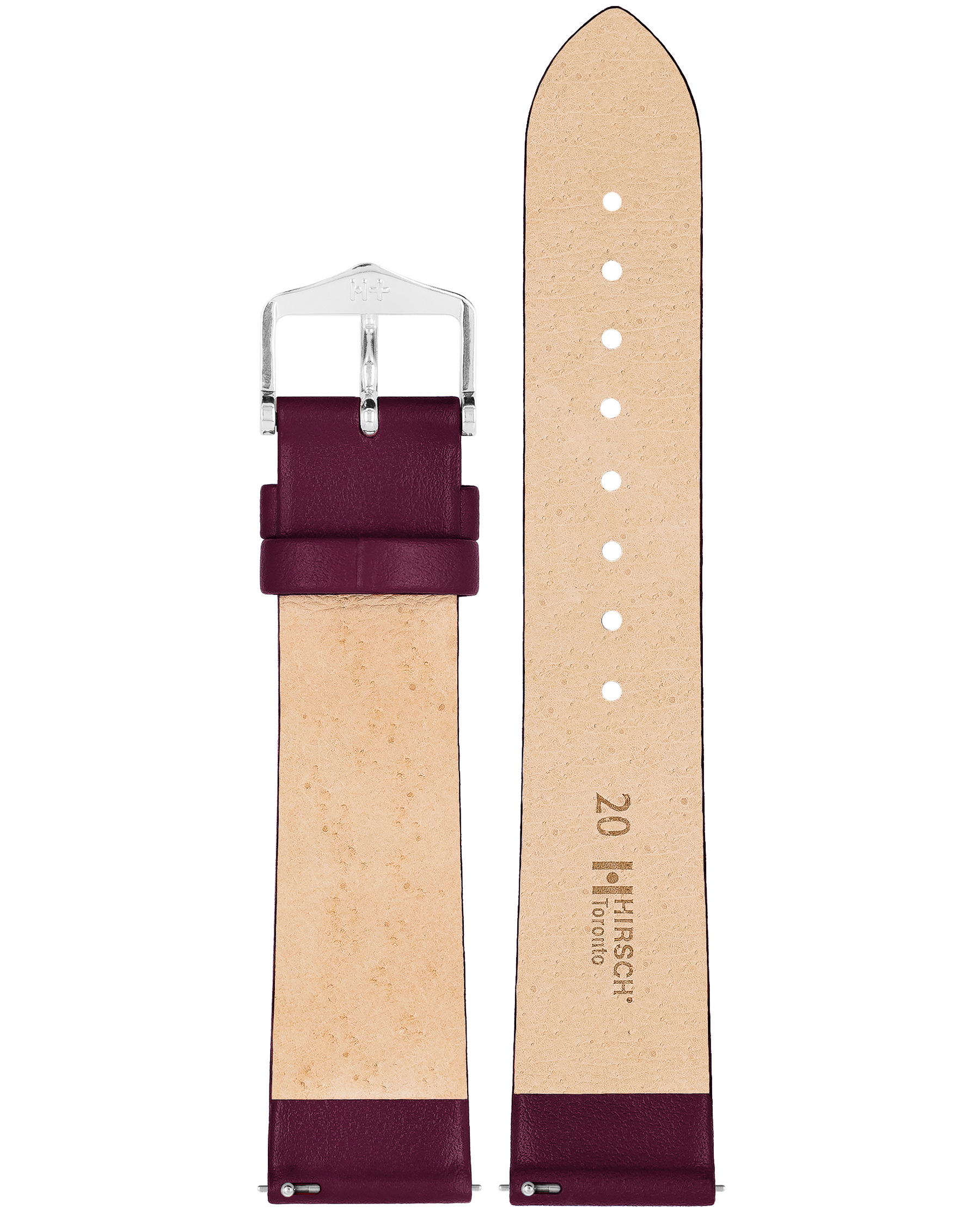 Burgunderrotes Leder-Uhrenarmband. Silberschnalle. Zwei Teile sind gezeigt. Beiges Innere mit Text.
