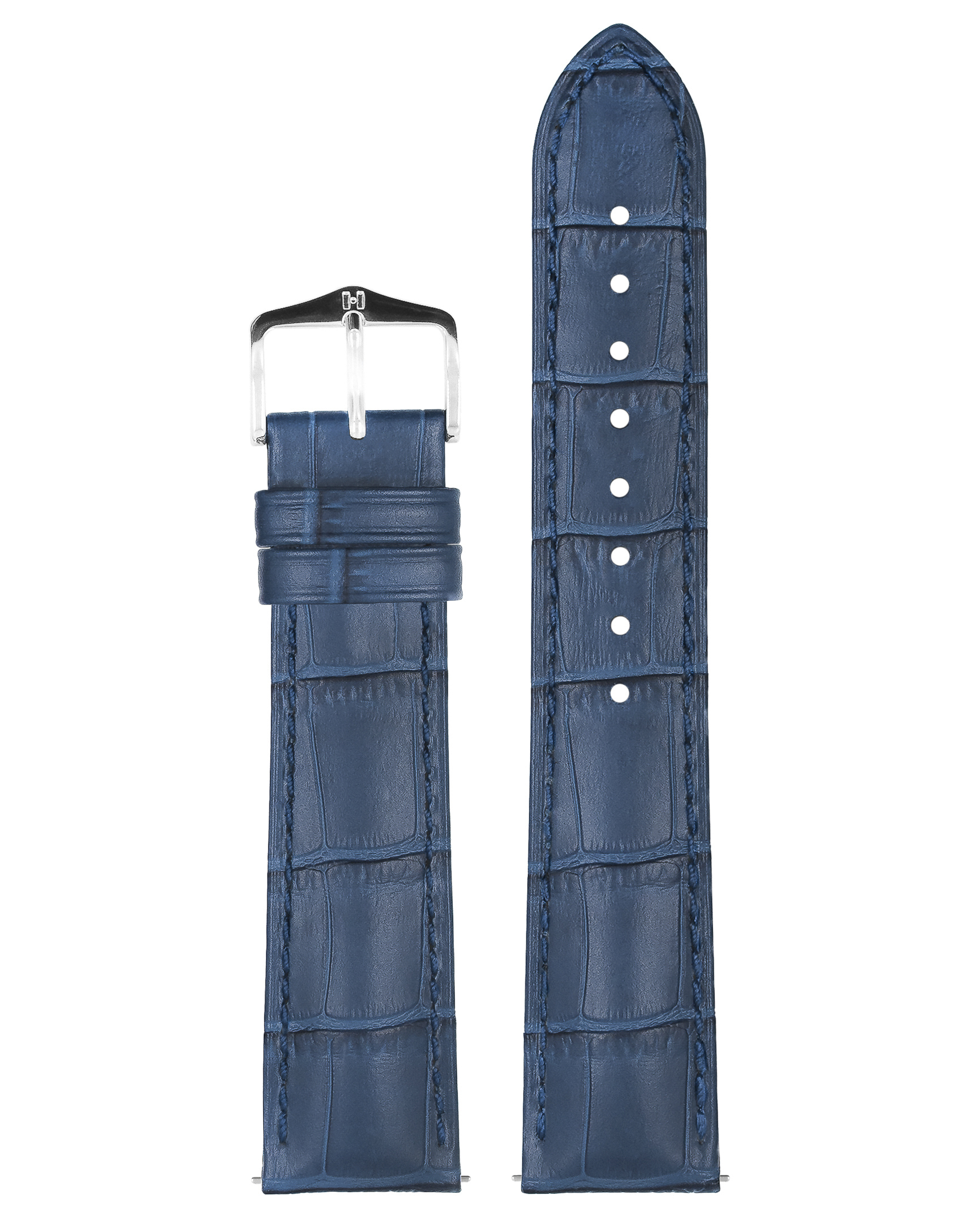 Blaues Krokodilleder-Uhrenarmband. Silberschnalle. Zwei Teile sind gezeigt. Beiges Innere mit Text.