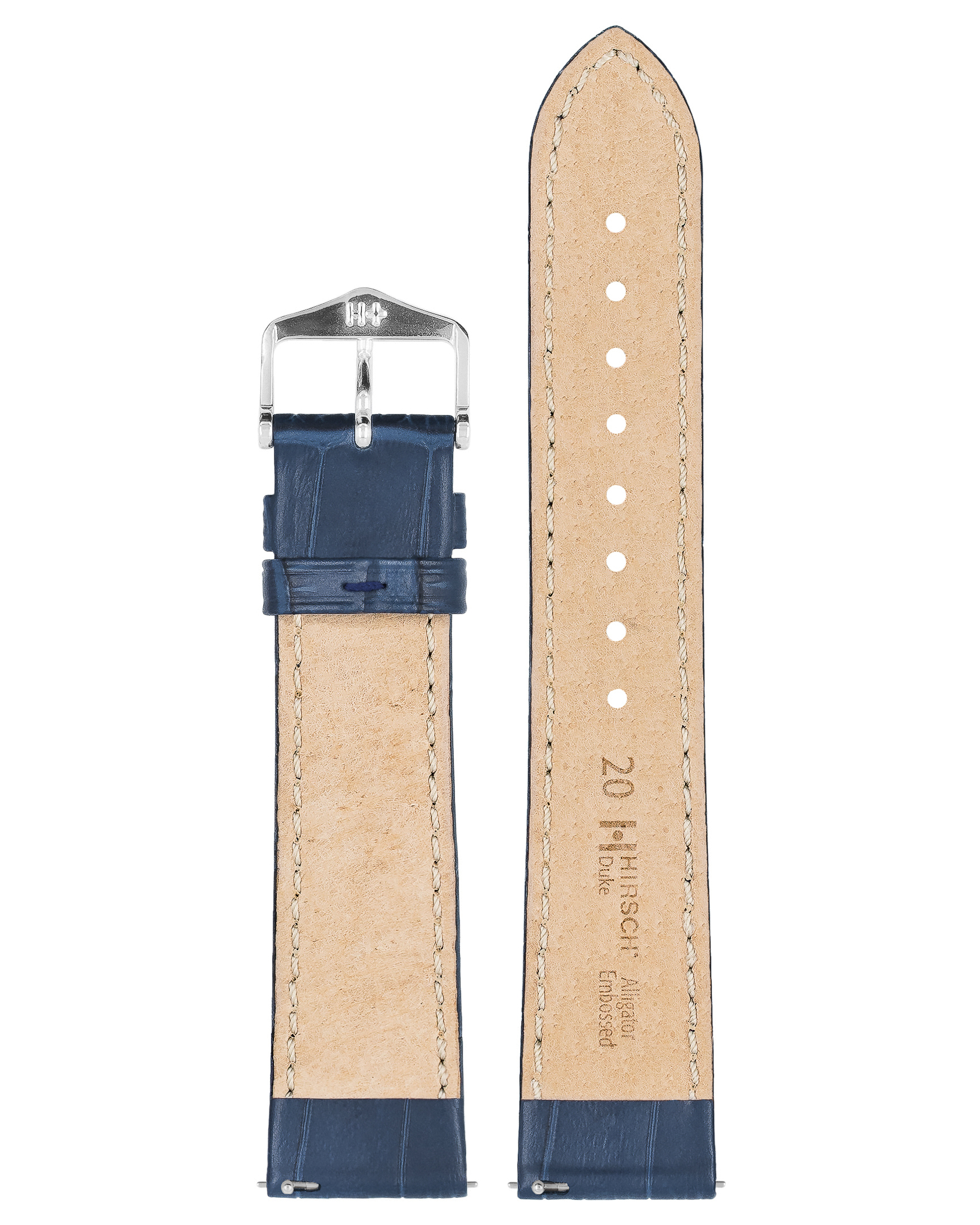 Blaues Krokodilleder-Uhrenarmband. Silberschnalle. Zwei Teile sind gezeigt. Beiges Innere mit Text.