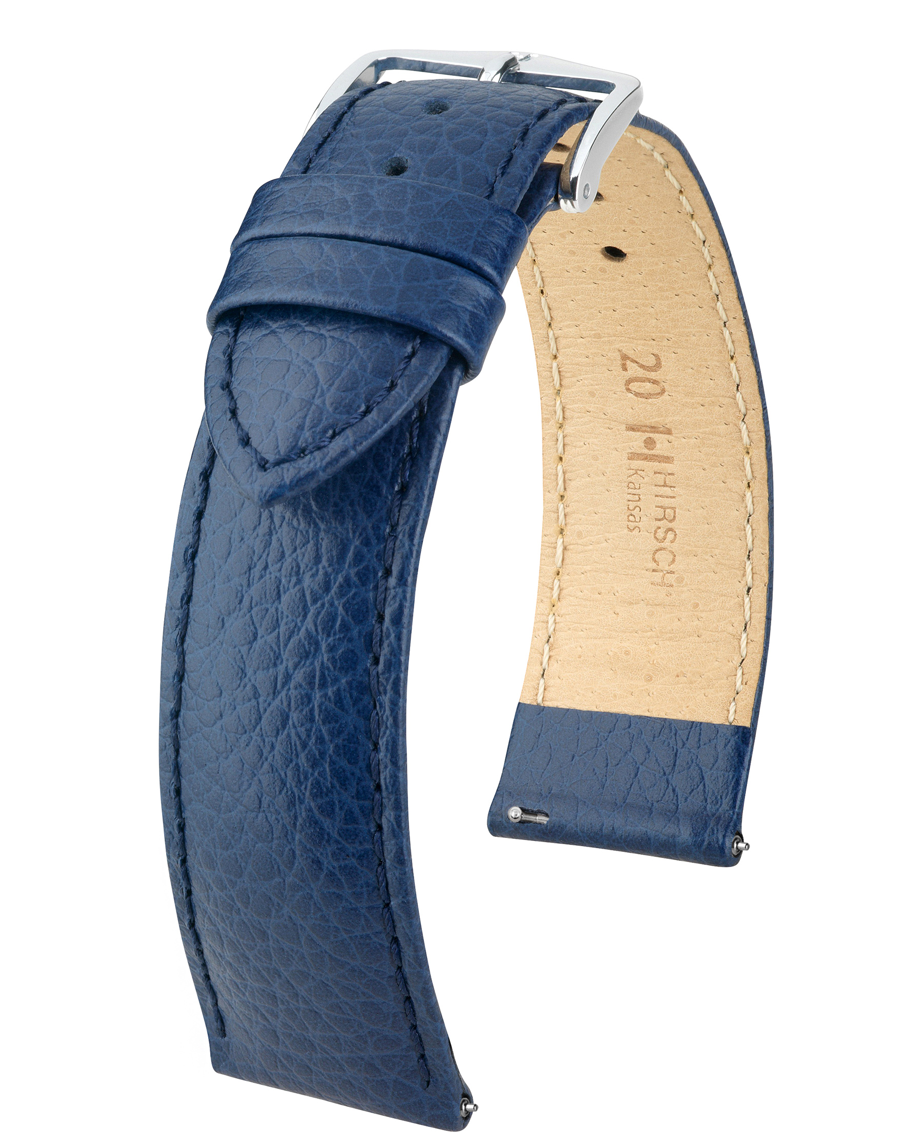 Blaues Leder-Uhrenarmband. Silberschnalle. Beiges Innere mit Text. Gebogenes Armband.