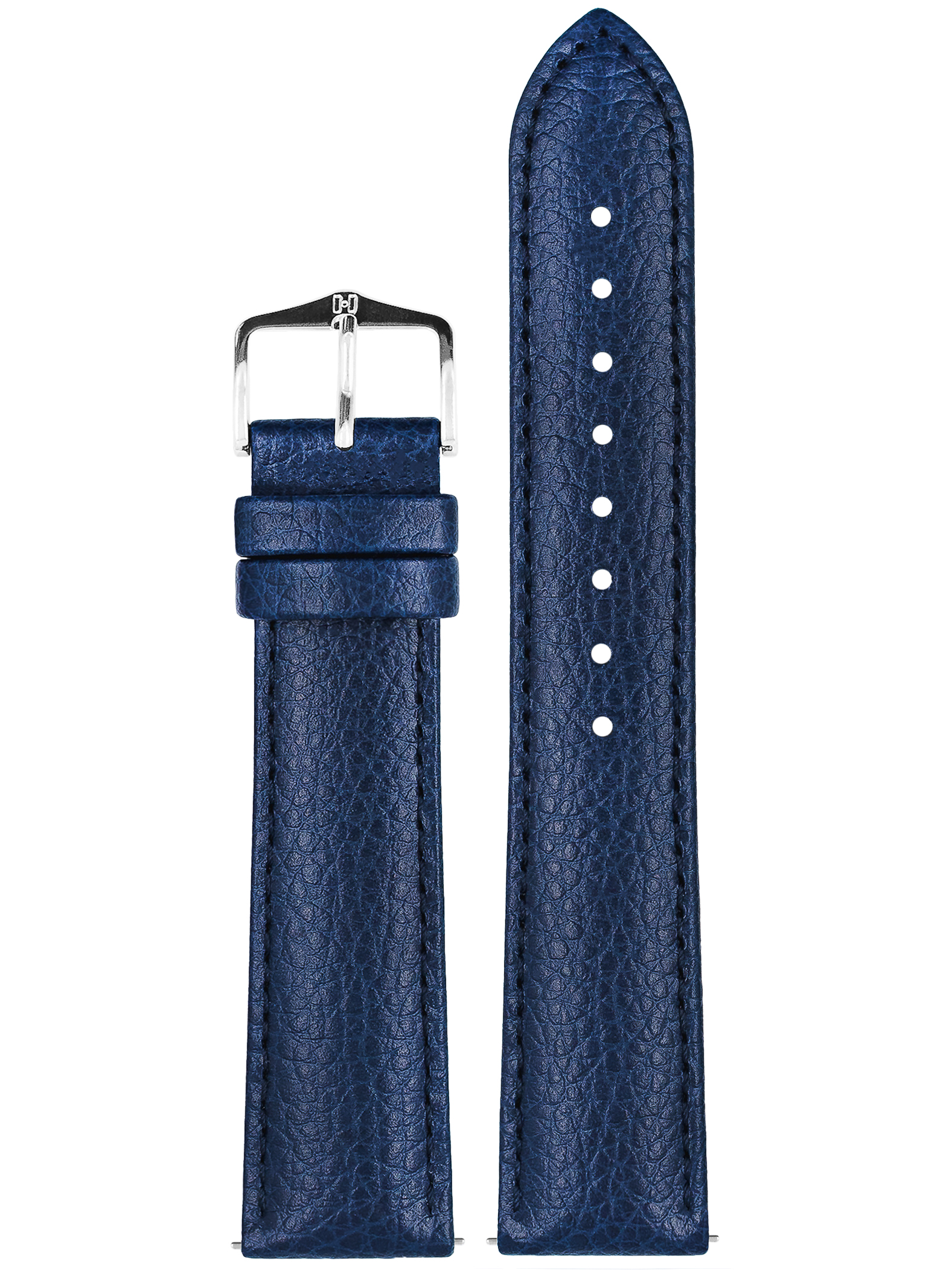Blaues Leder-Uhrenarmband. Silberschnalle. Zwei Teile sind gezeigt. Beiges Innere mit Text.